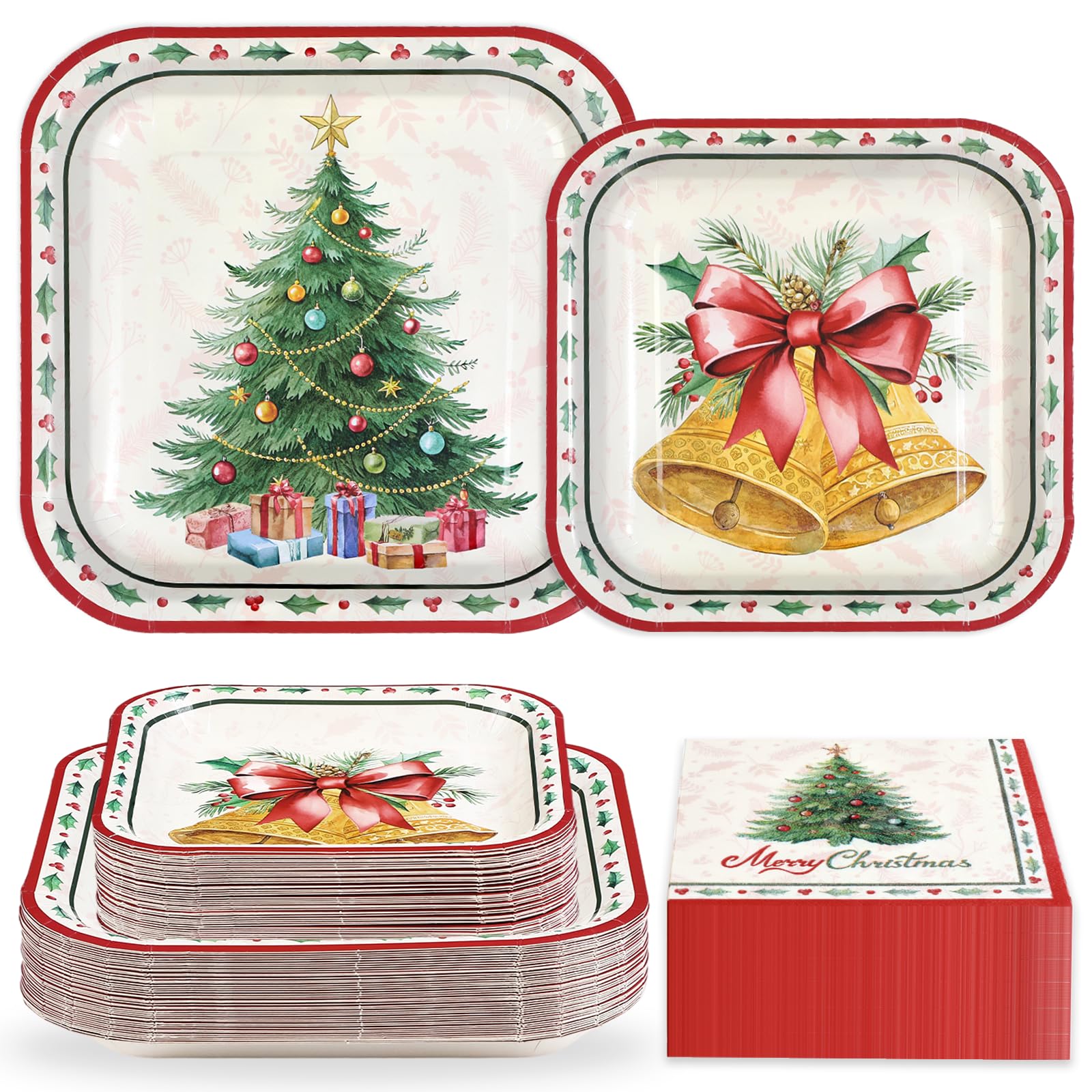 View 1 of 200Pcs Christmas Birthday Party Supplies Christmas Tree Bell Square Plates and Napkins Merry Xmas Pine Tree Disposable Tableware Sets for Xmas Holiday Winter Dinner Wedding Party Decorations Serve 50