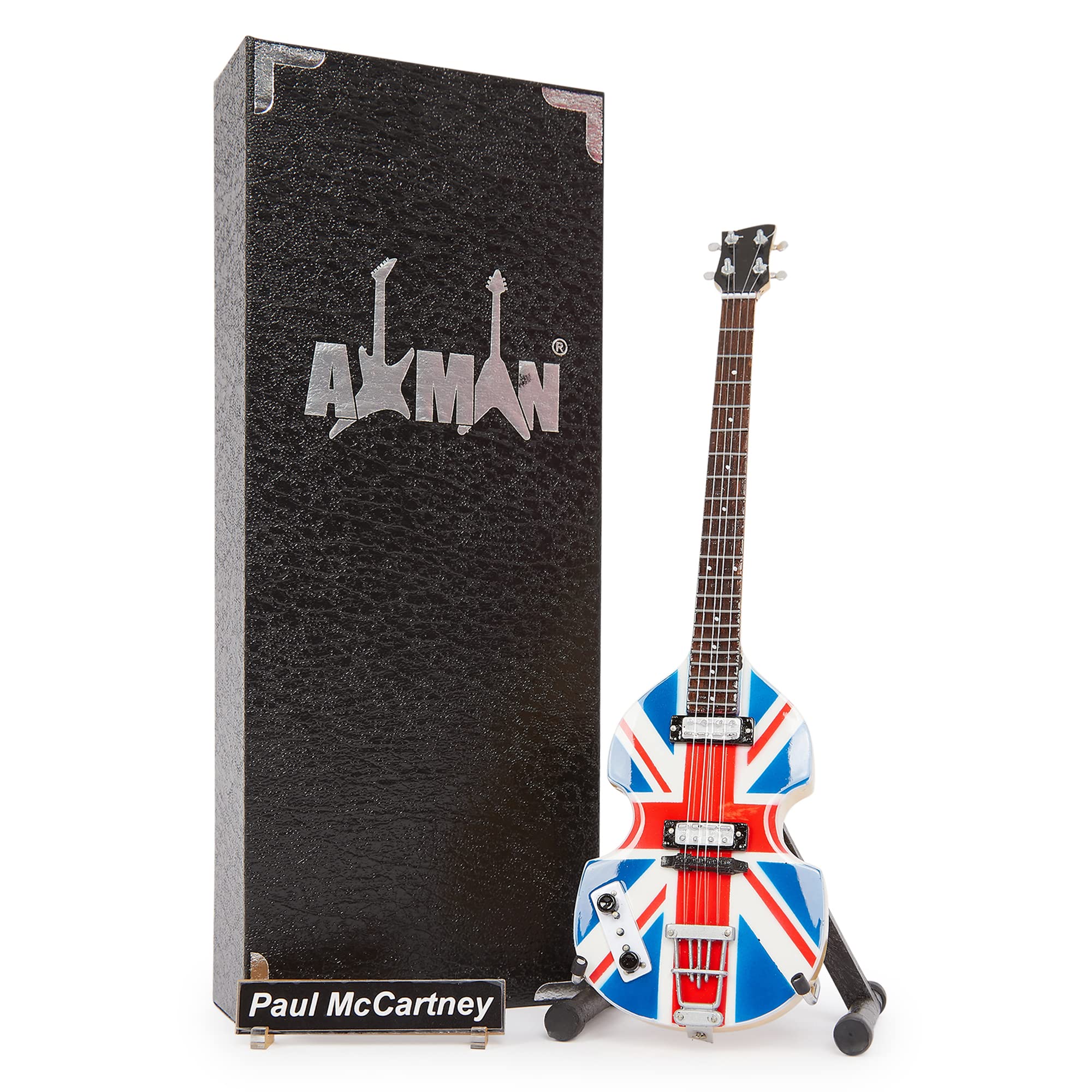 P McCartney Union Jack Violin Bass - Miniature Guitar Replica - Music Gifts - Handmade Ornamental 1/4 Scale - Includes a Display Box, Name Tag and Miniature Guitar Stand