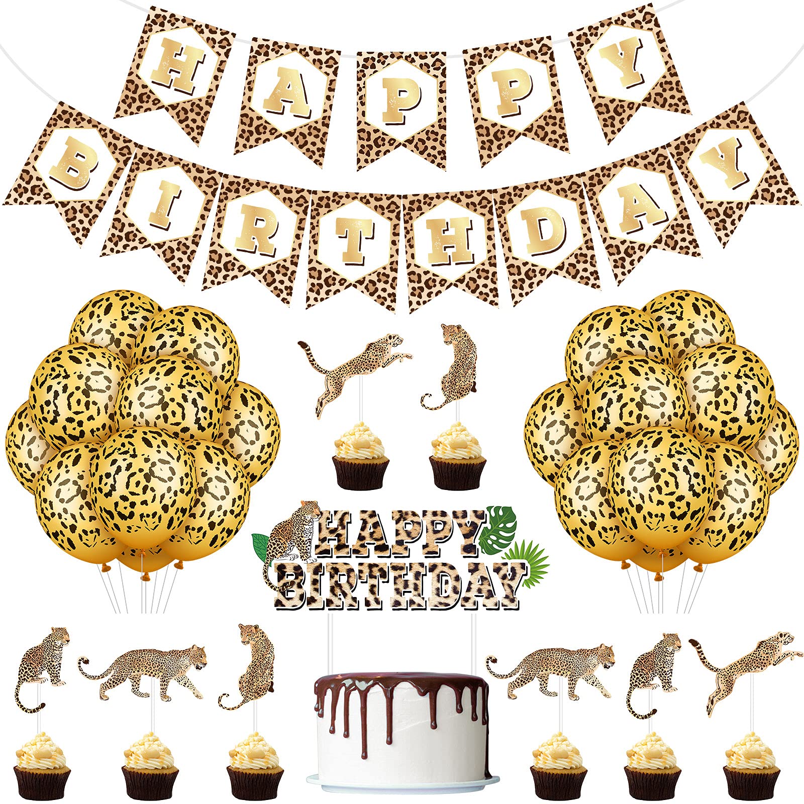 Photo 1 of Zomiboo 46 Pieces Cheetah Happy Birthday Decorations Set Include Leopard Print Banner Cheetah Themed Balloons Cupcake Toppers for Baby Shower Birthday Party Supplies