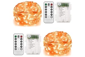 Twinkle Star 2 Pack Orange Halloween Fairy Lights Battery Operated, 33 ft 100 Led String Lights Remote Control Timer Silver String Light 8 Modes Firefly Christmas Lights for Garden Party Indoor Decor