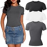 TVKSOM 3 Pack Basic Shirts for Women Short Sleeve Crew Neck Stretchy Fitted Tees Y2k Going Out Tops 2025