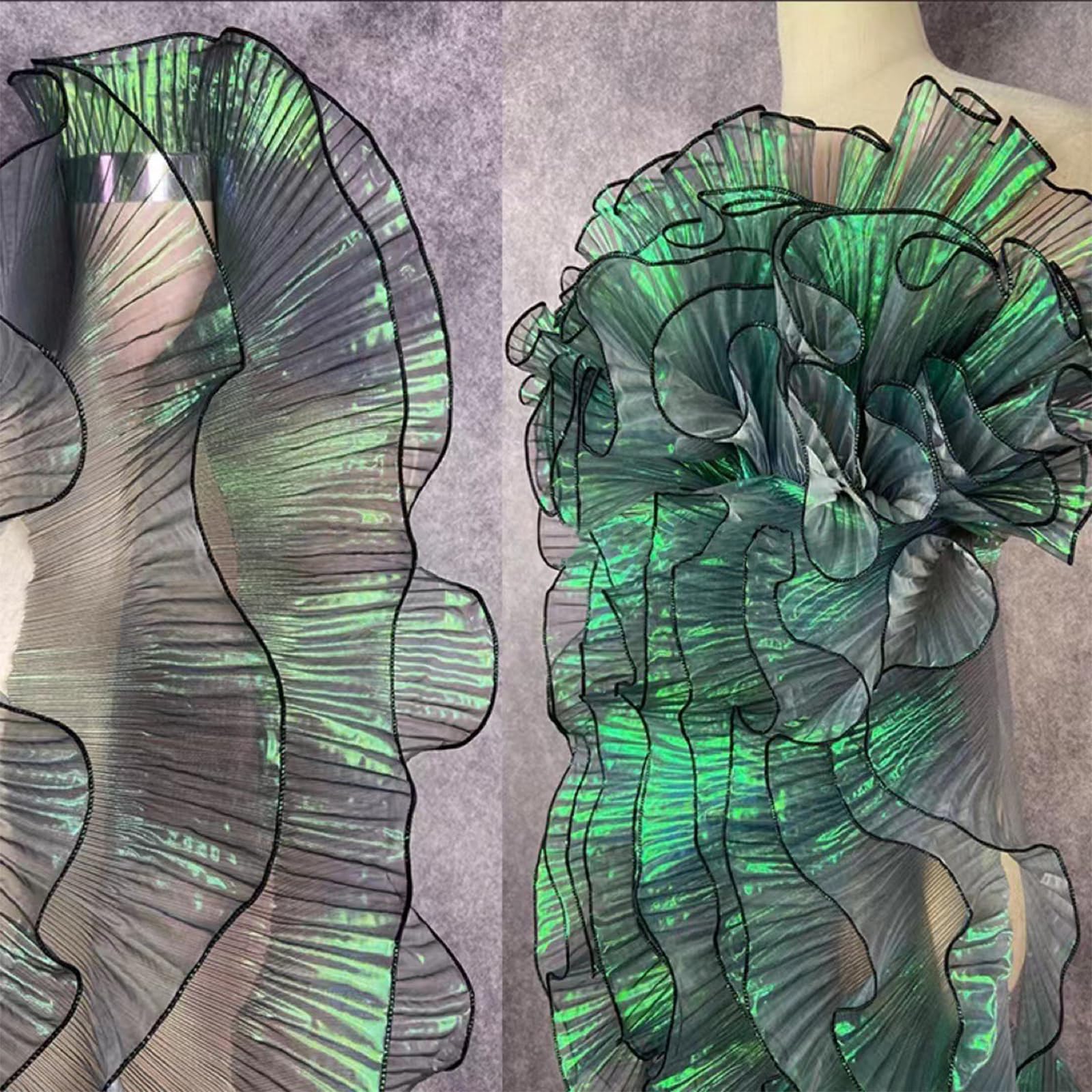 URROMA Retro Ruffle Pleated Chiffon Trim, 3 Yards Fancy Black Single Lock Edge Tulle Fabric Applique for Dress Bag Decoration Trimming Craft Sewing