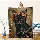 cromcu Elegant Cat Flower Blanket for Kids Adults Pet Lovers,Flannel Animal Blankets Gifts,Vintage Black Kitten Floral Throws for Sofa Couch Bed Living Room Soft Warm Bedroom Decor 60"x50"