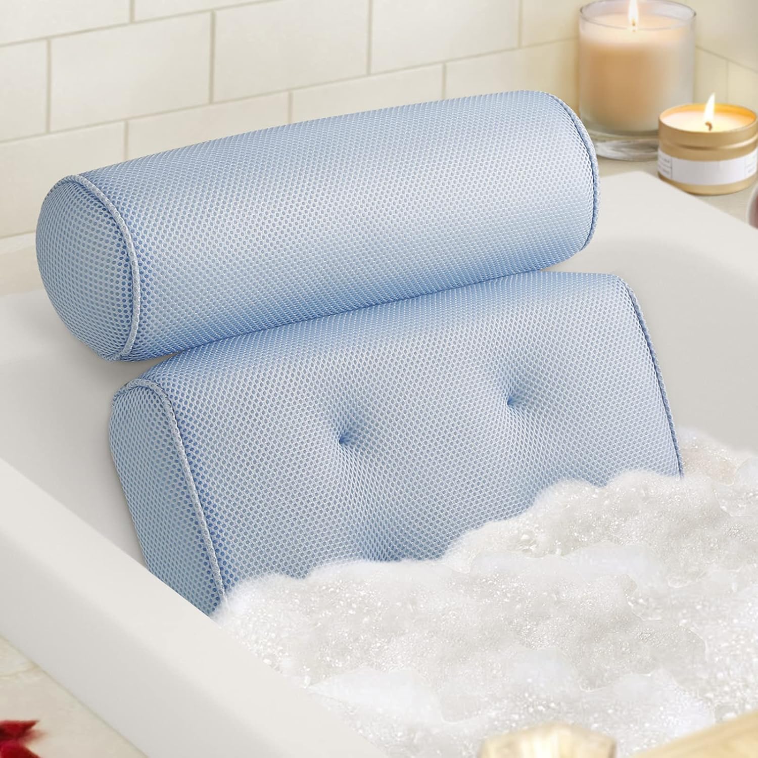 LuxStep Bath Pillow Bathtub Pillow With 6 Non-Slip Suction Cups for Head, Neck and Back Support, 15x14 Inch, Extra Thick and Soft Air Mesh Spa Pillow for Bath - Fits All Bathtub, Blue : Beauty