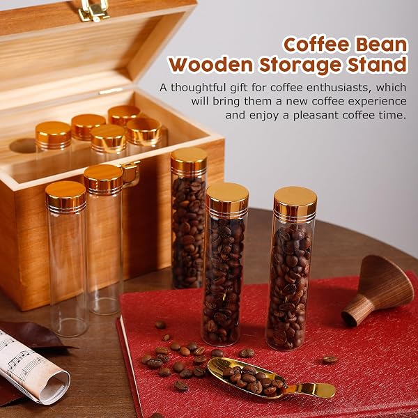 FAMIWARM GLASS COFFEE BEANS STORAGE CONTAINERS, 10PCS SINGLE DOSE COFFEE BEAN STORAGE TUBES WITH WOODEN DISPLAY STAND AND FUNNEL FOR STORAGE SPICES, HERBS, COFFEE BEANS OR CANDY
