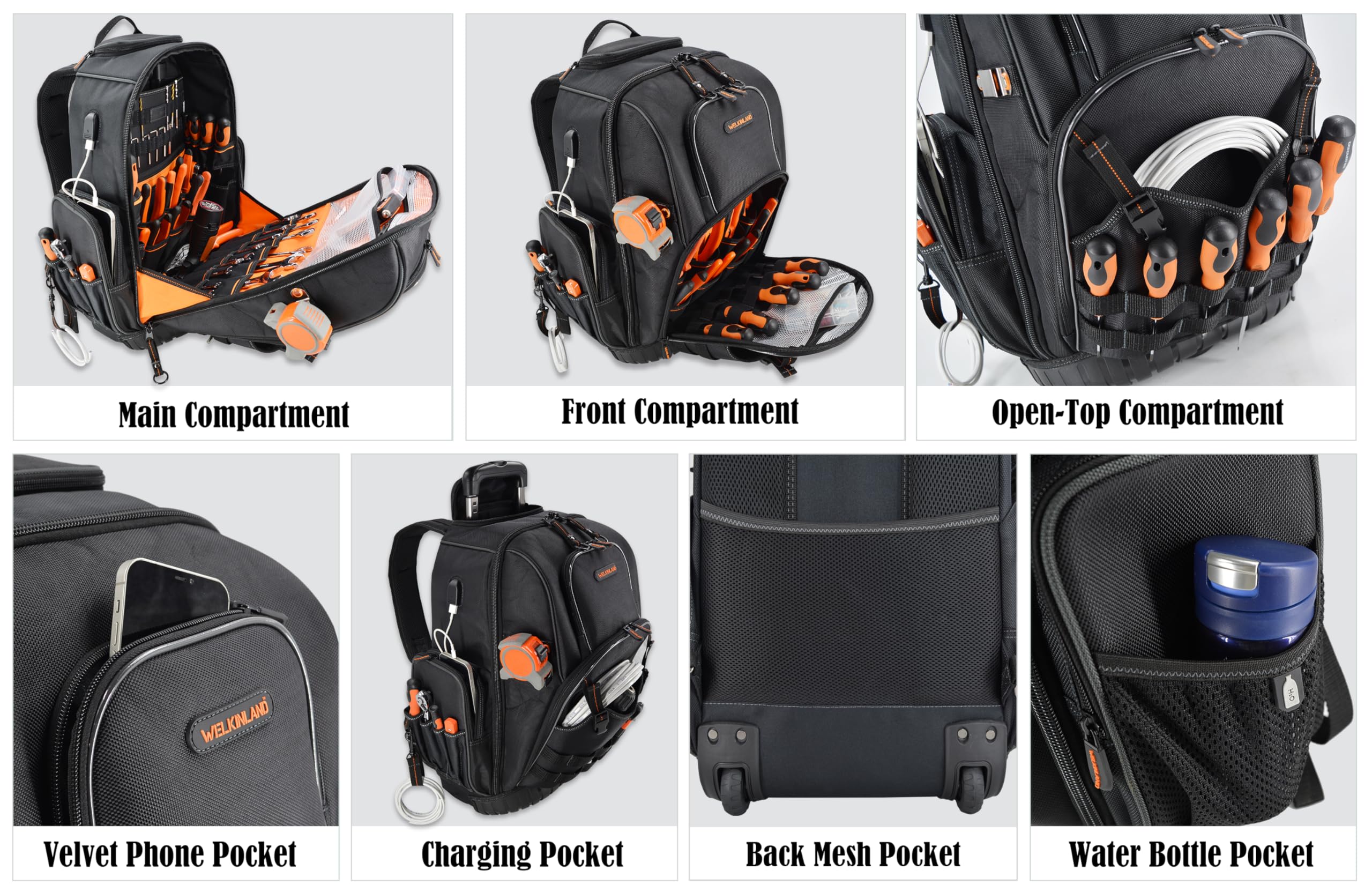 WELKINLAND 72Pockets Rolling Tool backpack, Large tool bag with wheels, Rolling Electrician bag with wheels for men