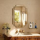 HQiJun 30x20 Inch Gold Bathroom Mirror, Wooden Frame with Scalloped Polished Beveled Glass, Modern Art Wall Decor for Vanity, Irregular Rectangle Mirror for Bedroom, Living Room, Fireplace & Entryway