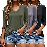 Riyiper 3 Pack V Neck 3/4 Sleeve Tops for Women Dressy Casual Loose Fit T Shirts Trendy Basic Tunic Tees