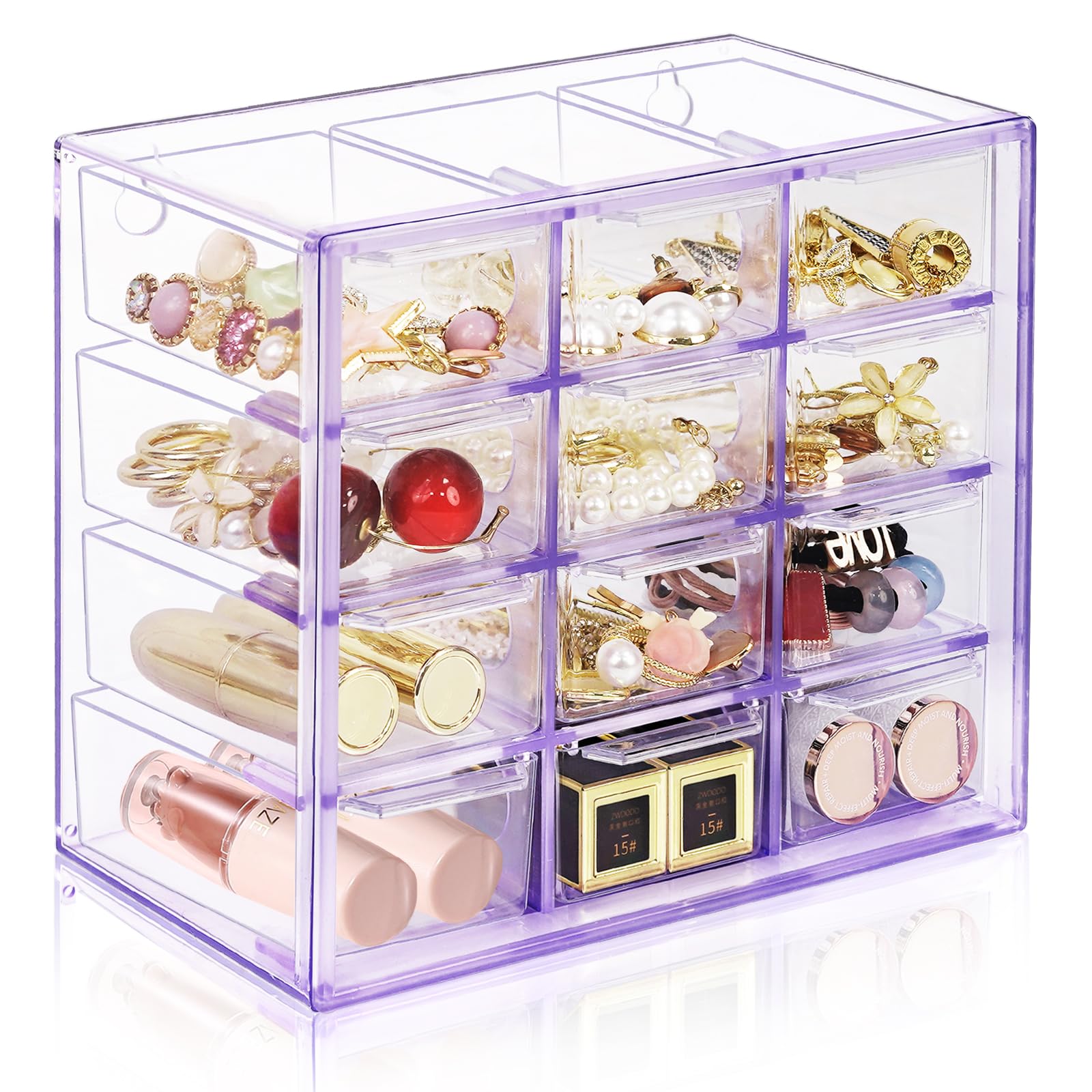 Desk Storage Organizer with 12 Mini Drawers, ToyaJeco Clear Desktop Craft Drawer Cabinet, Stackable Storage Box Caddy for Makeup Jewelry Office Craft Supplies (Purple)