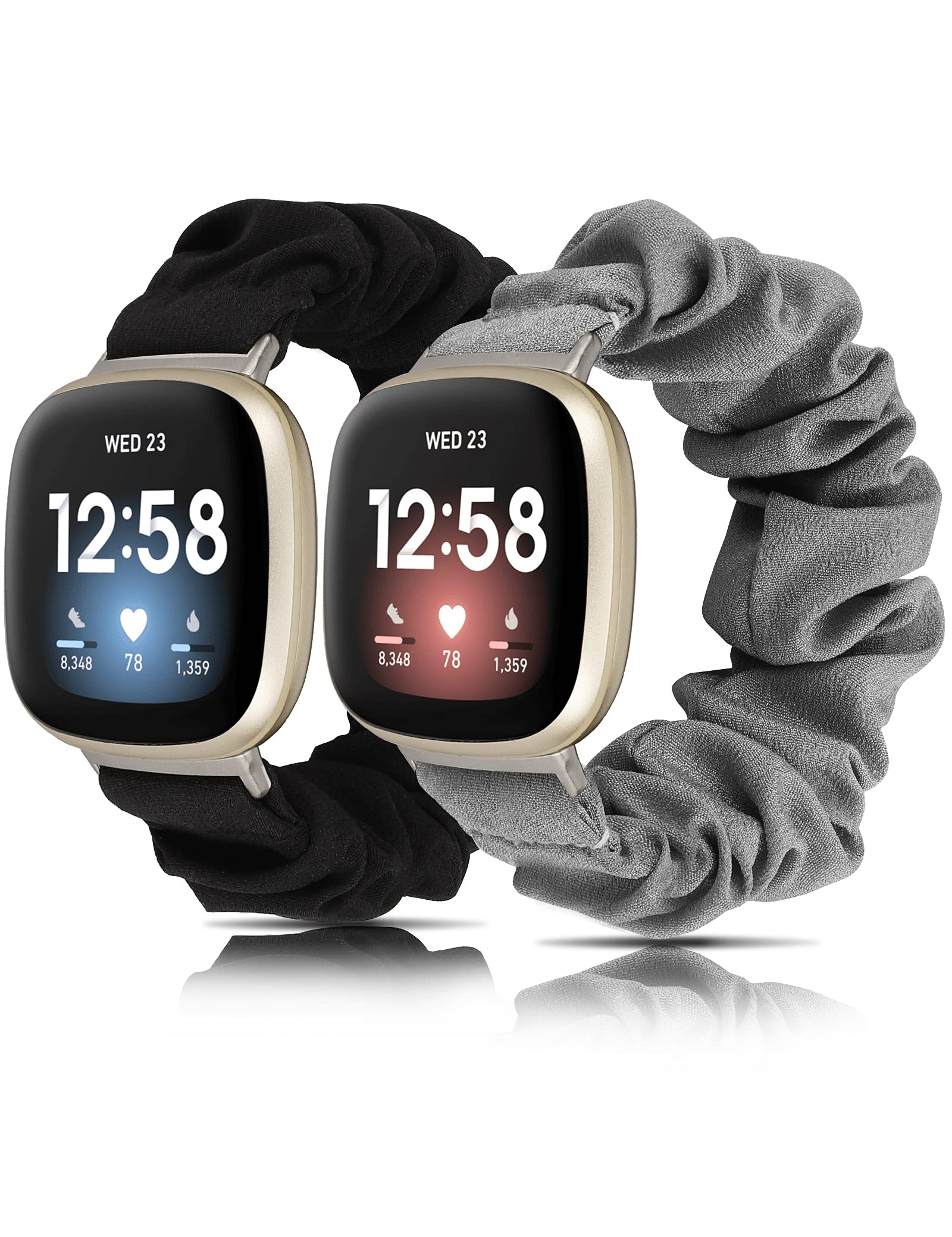 Wearlizer Compatible with Versa 3 Straps/Versa 4 Strap for Women, Scrunchie Bands Stretchy Bracelets Elastic Breathable Wristbands Replacement Strap for Sense/Sense 2 Smartwatch(Black/Gray, S)