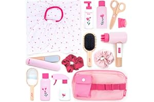 UMU® Wooden Hair Salon Playset – 17 Pcs Pretend Hairdressing Toy with Hair Dryer Straightener Mirror Comb & Accessories – Little Woman Design Beauty Role Play Toy for Girls Ages 3 4 5 6