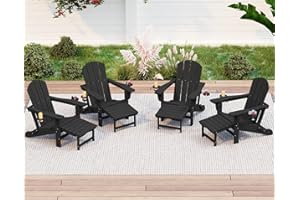 KINGYES Folding Adjustable Adirondack Chair with Ottoman & 2 Cup Holders Set of 4, HDEP Multifunctional Adirondack Chair with Footrest, Black
