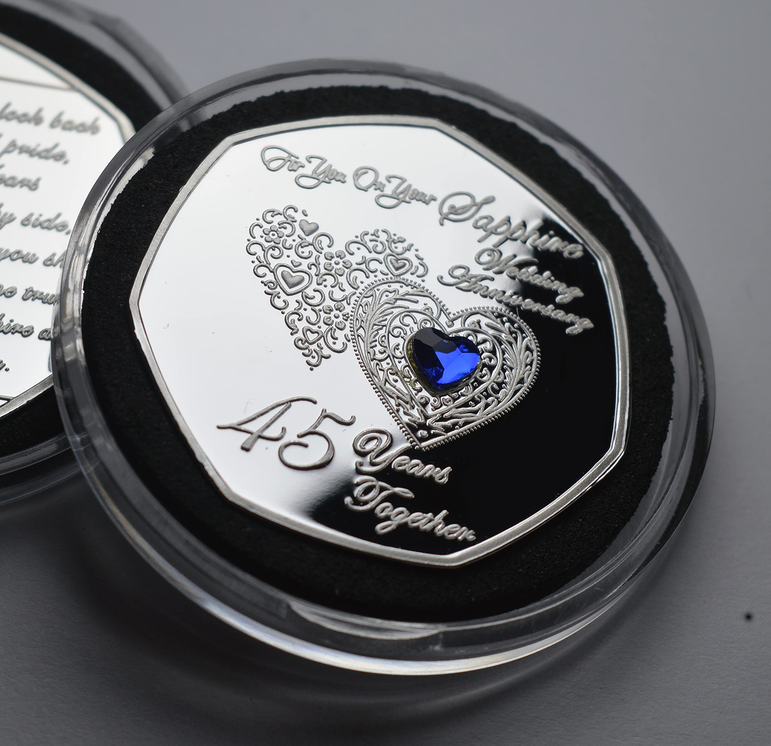 The Commemorative Coin Company 45th SAPPHIRE WEDDING ANNIVERSARY Silver Commemorative with Diamante Gemstone in Capsule. Gift/Present. 45 Years Together. Friends/Parents/Family