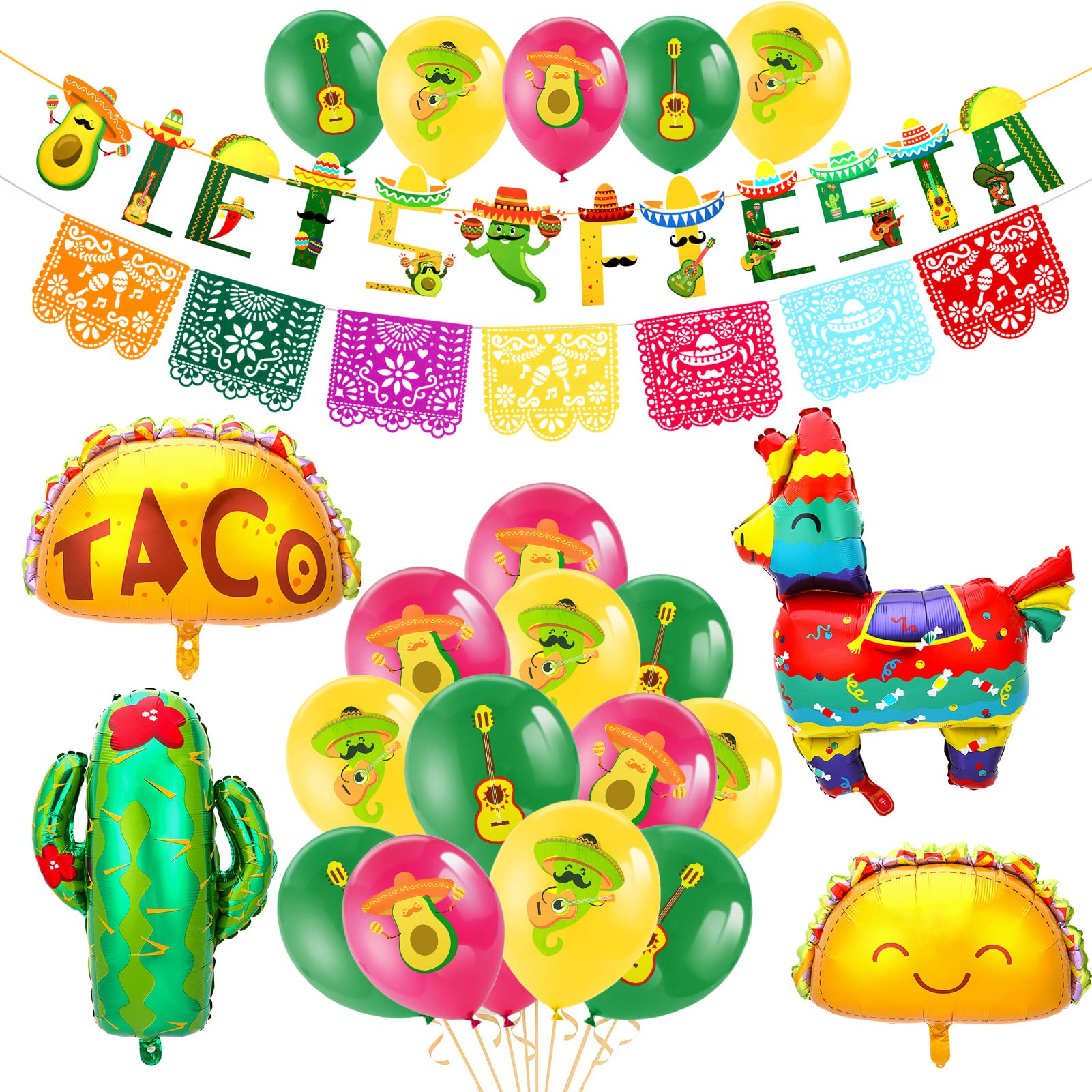 HOWAF Mexican Party Decorations Mexican Balloons Taco Foil Balloons Mexican Fiesta Banners Day of the Dead Bunting Banner Dia De Los Muertos for Cinco De Mayo Decorations Mexican Fiesta party Supplies