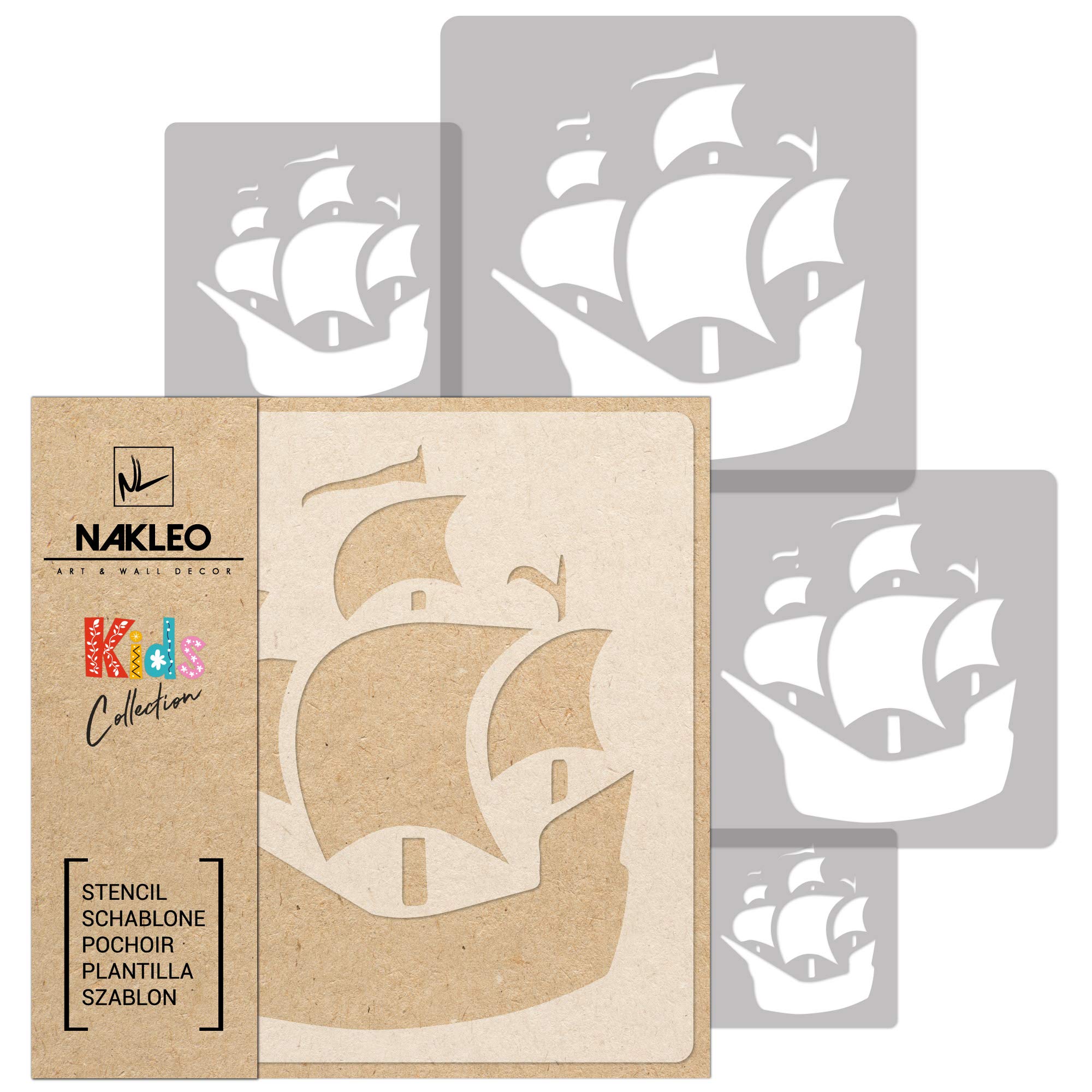 NAKLEO Painting Stencils Set for Nursery Room, 5 Pcs Templates 9x9 to 34x34cm Pirate Ship Corsair, Plastic and Reusable Drawing Stencils, Decor, Craft DIY Wall Furniture