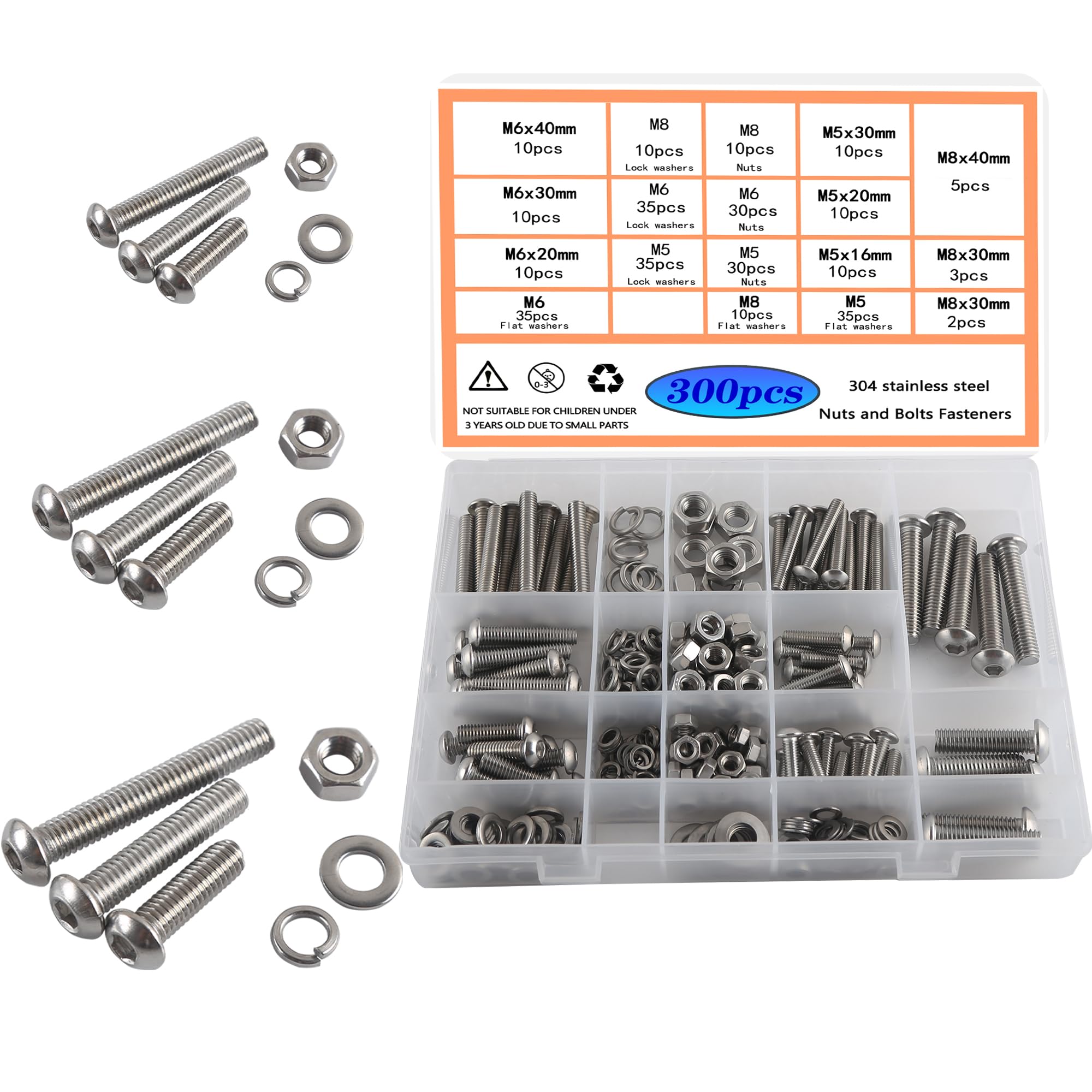 HVDHYY Nuts and Bolts Set M5 M6 M8 Machine Screws & Nuts Assortment 304 Stainless Steel Bolt kit Hex Socket Button with a Reusable Storage Box (300pcs)