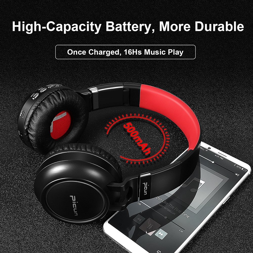 Bluetooth Headphones, Wireless Over Ear Headphones, Foldable Hi-Fi Stereo Headset with Noise Cancelling Microphone, Supports TF Card Hands-Free Calling and Wired Mode (Black&Red)