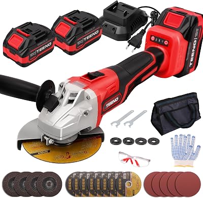 TEENO Cordless Angle Grinder 21V 1000W 2 Batteries 125mm Discs