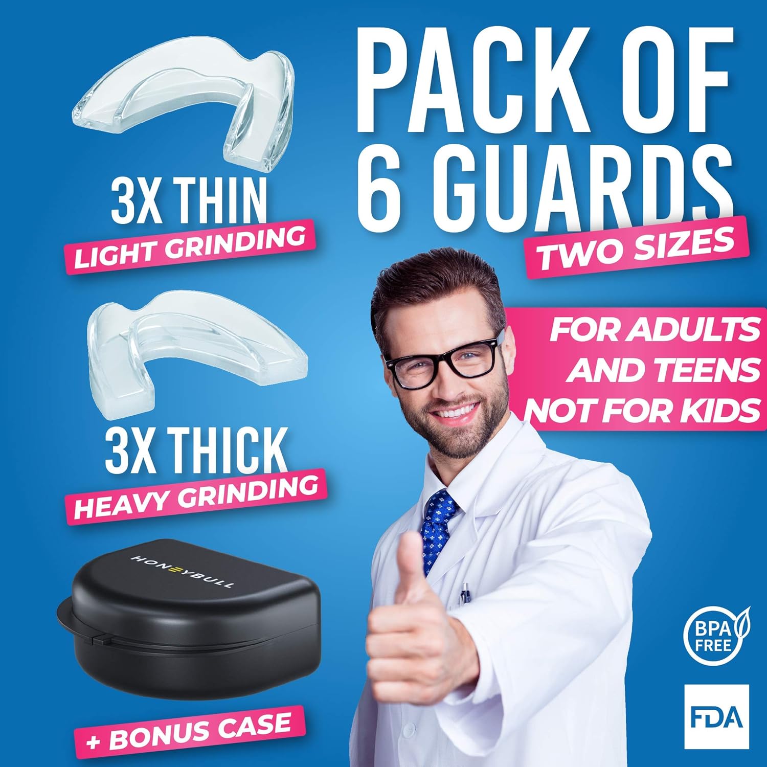 HONEYBULL Mouth Guard for Grinding Teeth [6 Pack - 2 Sizes] for Clenching at Night, Whitening & Sports : Beauty