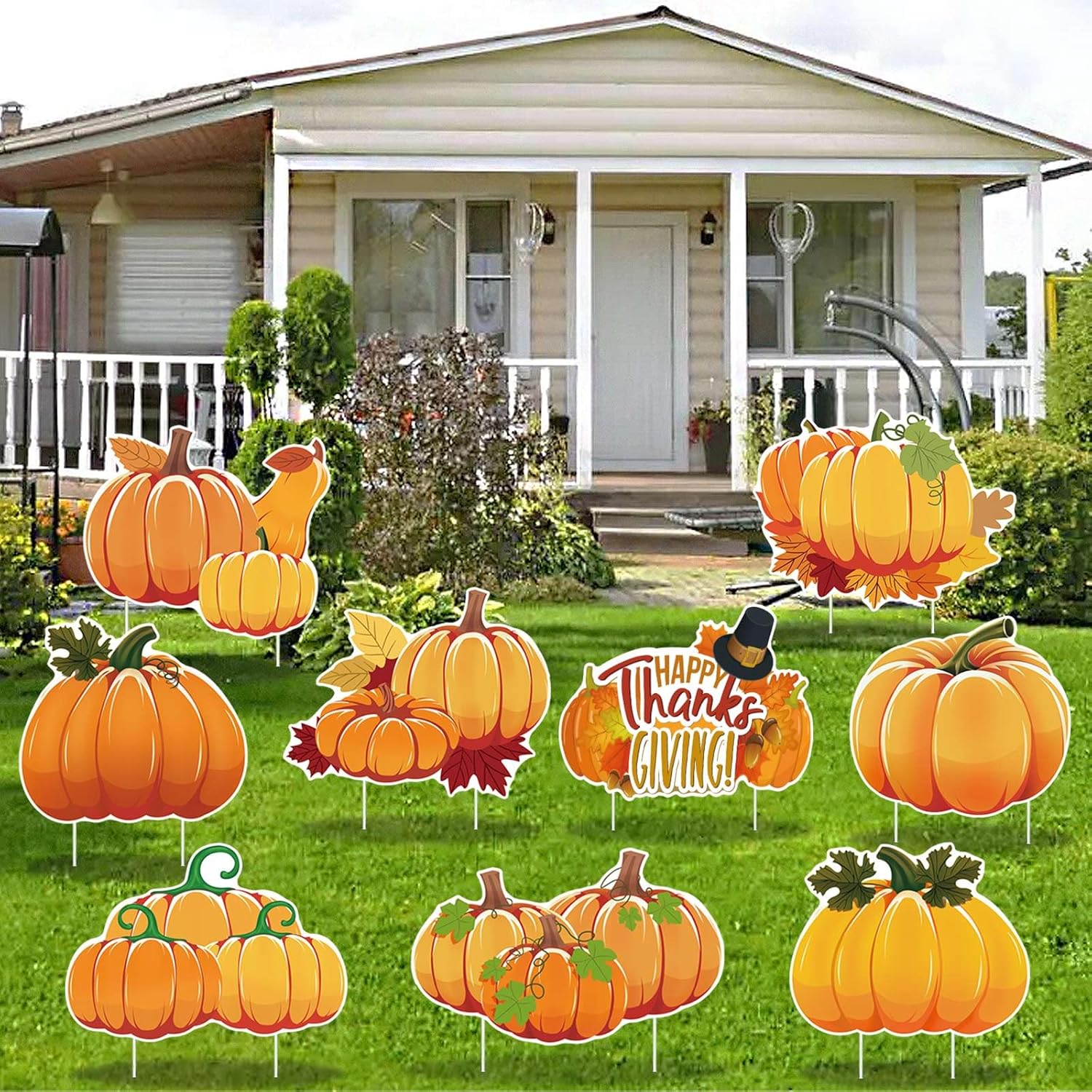 Yard Signs - Fall Thanksgiving Yard Signs Decorations - 9Pcs Outdoor Orange Pumpkins Harvest Garden Wall Porch Signs with Stakes Seasonal Holiday Party Supplies Lawn Yard Decorations (9PC)