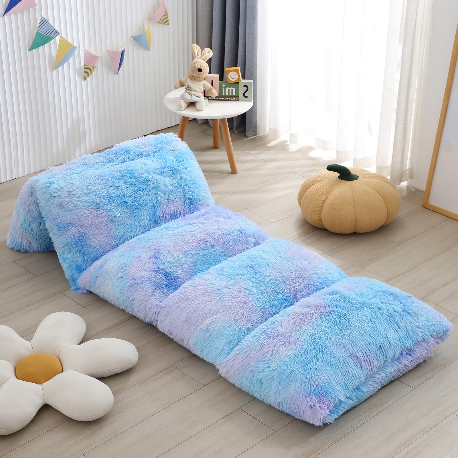 ZIQINPSQ Fleece Floor Pillow Case, Mattress Bed Lounger Cover,Faux Fur Tie Dye Pillow Bed Floor Lounger Cover,Recliner Floor Pillow for Girls Boys,Requires 5 Pillows (Blue, King)