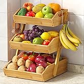 Sevenblue 3 Tier Large Bamboo Fruit Basket for Kitchen Counter with 2 Banana Holders, Kitchen Countertop Organizer with Protective Mats, Tiered Fruit Bowl for Bread Snack Veggies with Dividers