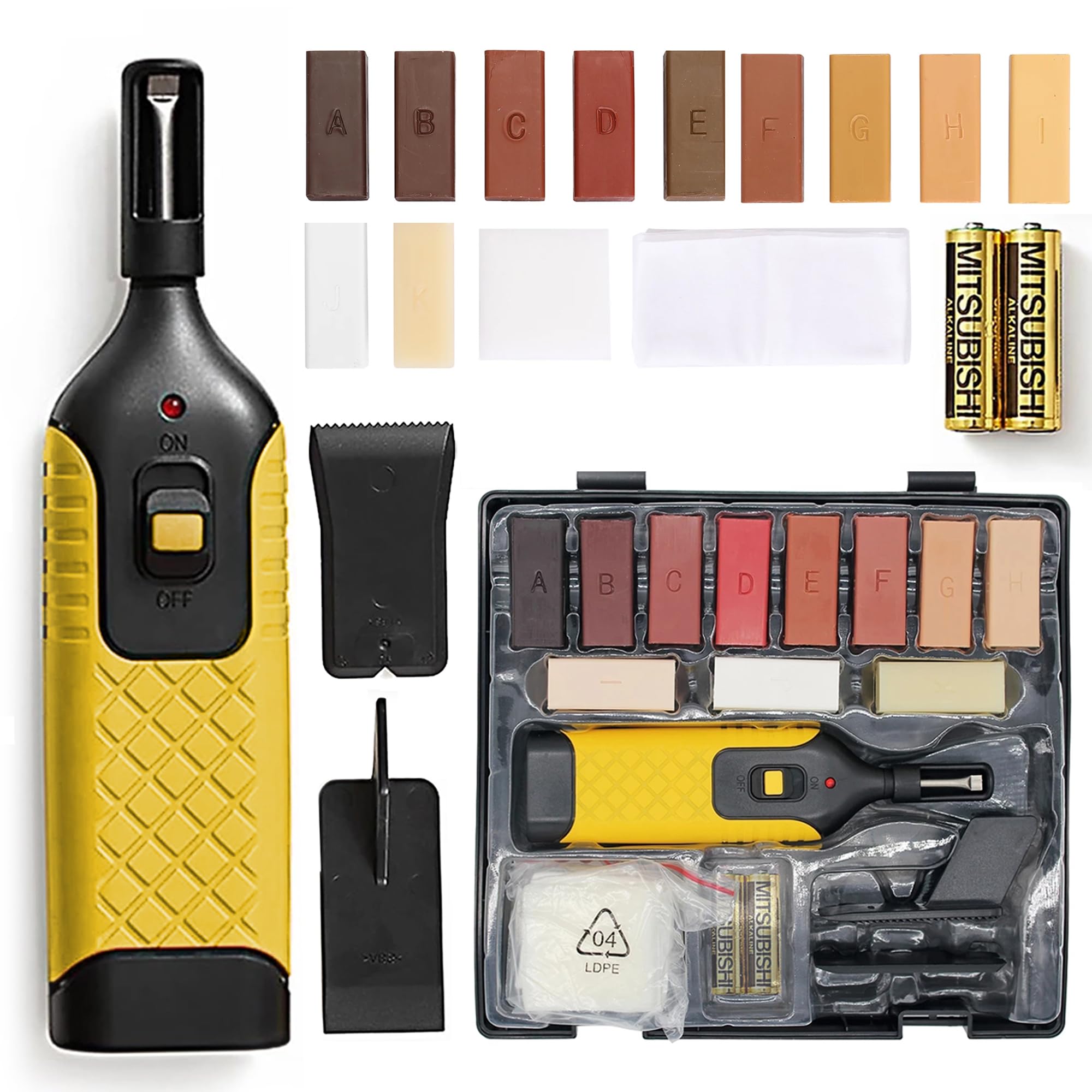 Laminate Floor Repair Kit, 19Pcs Laminate Repair Kit with Heating Gun & 11 Colours Wax Blocks, Wood Furniture Repair Kit Covers Vinyl Laminate Flooring Scratches Stains Hole Cracks