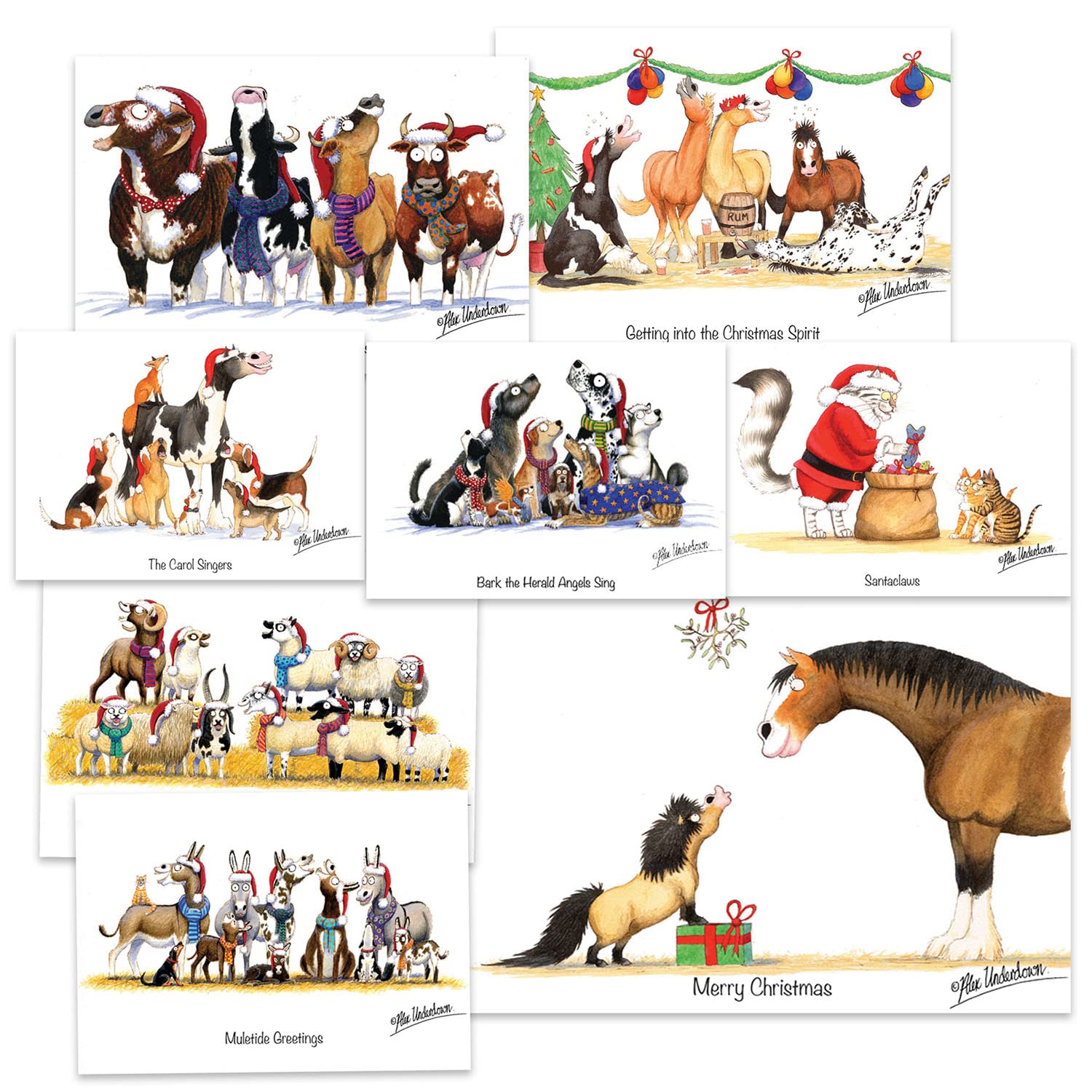 Farm Animal Cartoon Christmas Card Pack. 8 cards with envelopes. Printed in the UK on carbon neutral stock.