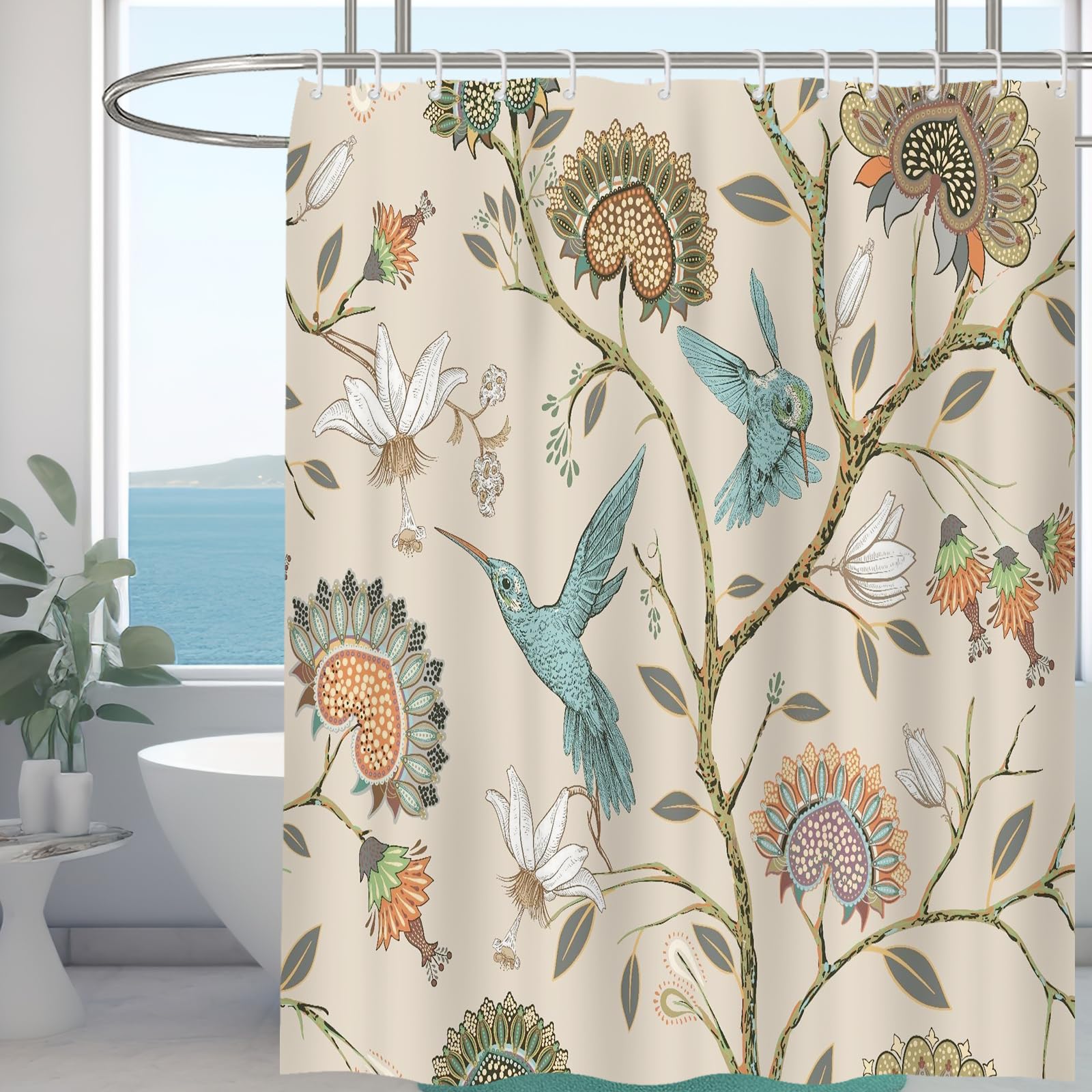 Minicoco Integrated Room Shower Curtain 100% Polyester Waterproof Mould Proof Floral Shower Curtain with 12 Hooks, 180 x 180 cm (White Flower Bird) — image 1