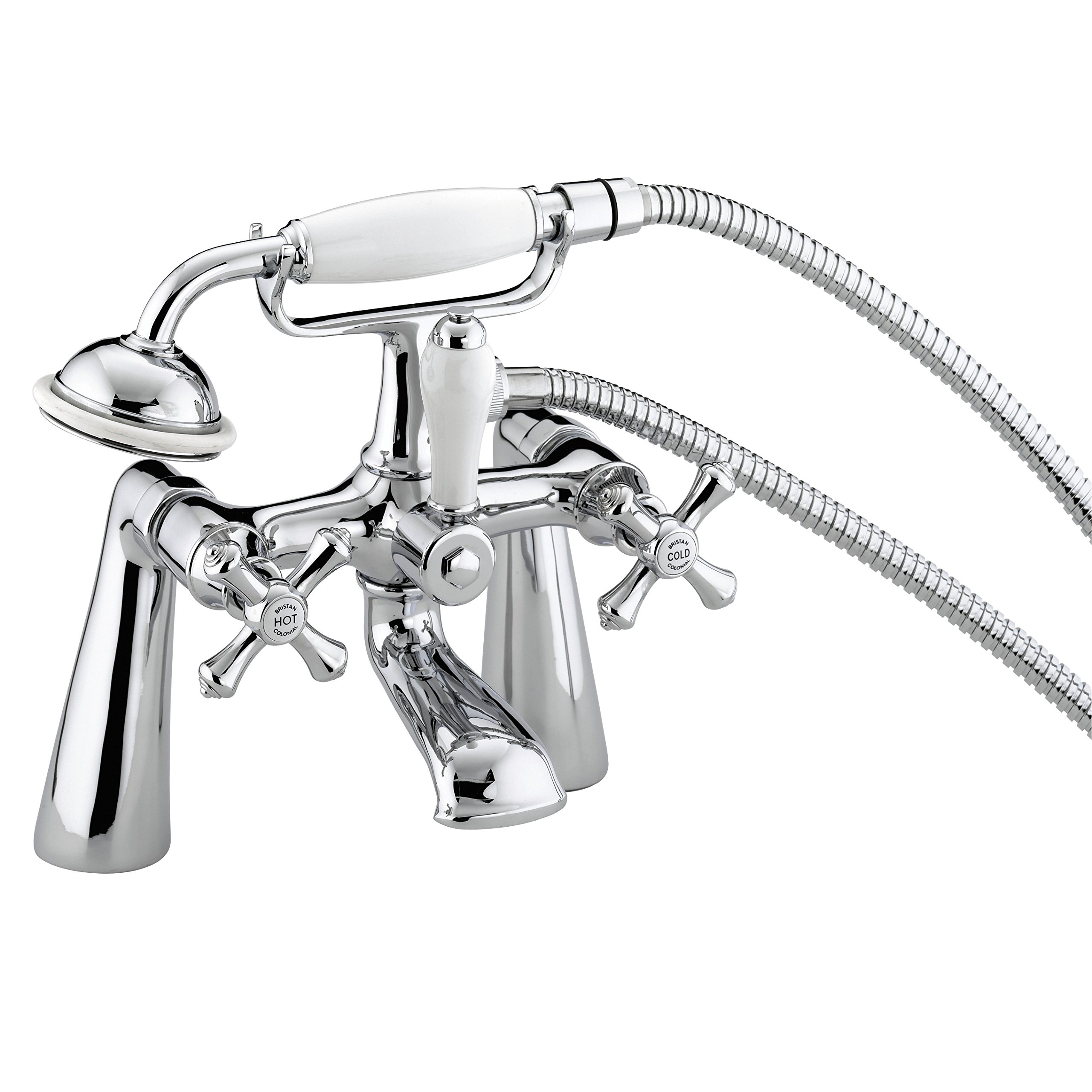 Bristan Colonial Bath Shower Mixer with Metal Handles, Hose, and Handset, Traditional Brass Bathroom Bathtub Fixture, Bath & Shower Systems, Chrome - K BSM C