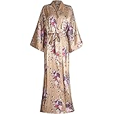 Women's Long Kimono Robes Silky Floral Bathrobe with Blossoms Printed Bridesmaid Wedding Nightgown