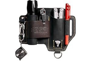 FESA Leather Multitool Sheath for Belt - Leather EDC Pouch Organizer for Tactical Pocket Knife, Flashlight & Pen - with Swivel Snap Hook - Work & Everyday Use Utility EDC Belt Pouch for Men