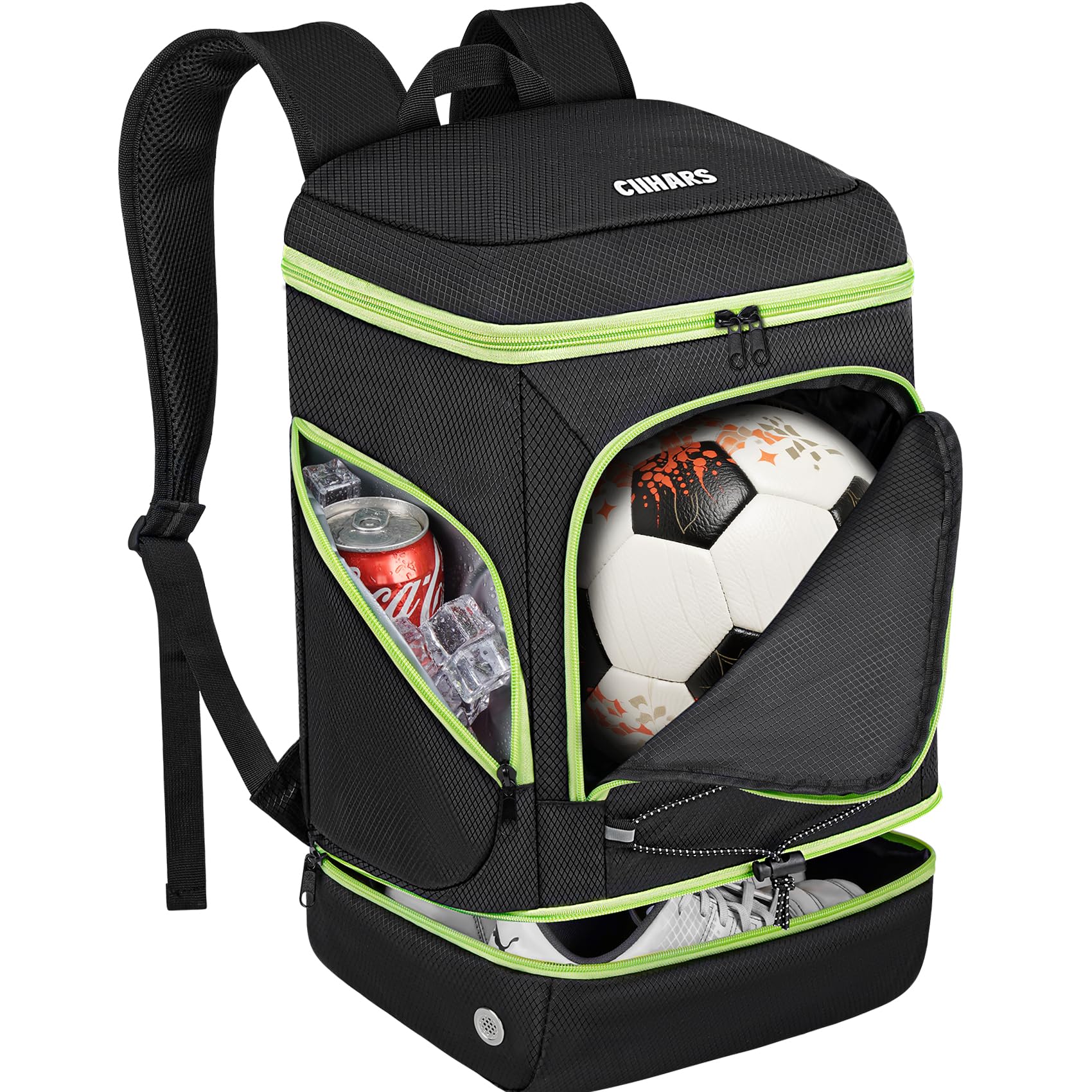 Photo 1 of Ciihars Soccer Backpack,Soccer Bag with Ball Holder,Sport Equipment Bags Includes Separate Cleat Shoe and Ball Compartment Fit Basketball Volleyball Football (BLACK GREEN)