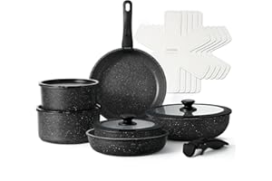 CAROTE 17pcs Pots and Pans Set Detachable Handle, Nonstick Cookware Set with Removable Handle,RV Kitchen Set, Oven Use, Camping Use, Midnight Black Granite