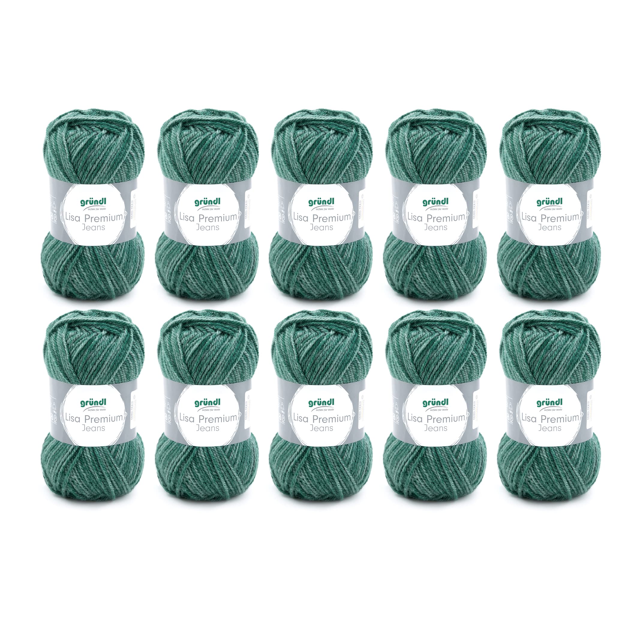 Gründl Wolle Lisa Premium Jeans, Yarn for Knitting with Colour Gradient, Knitting Yarn, Crochet Yarn, Soft and Skin-friendly, 100% Polyacrylic, 10 Balls 50 g / 133 m, Needle Size 3.5-4.5, Bottle Green