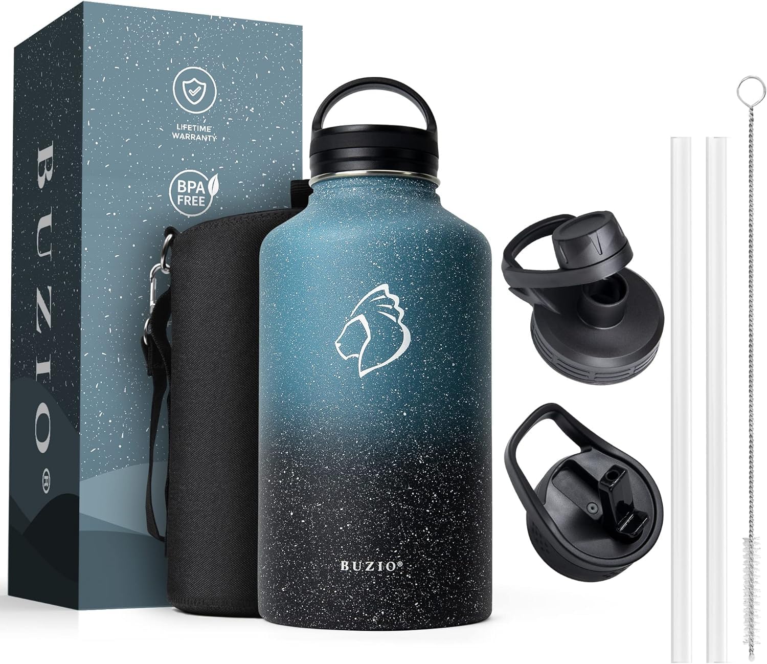 Insulated Water Bottle 2L, BUZIO Stainless Steel Water Bottle with Straw Half Gallon Canteen Metal Thermo Bottle Double Vacuum Hot Cold Water Bottles, Starry Indigo