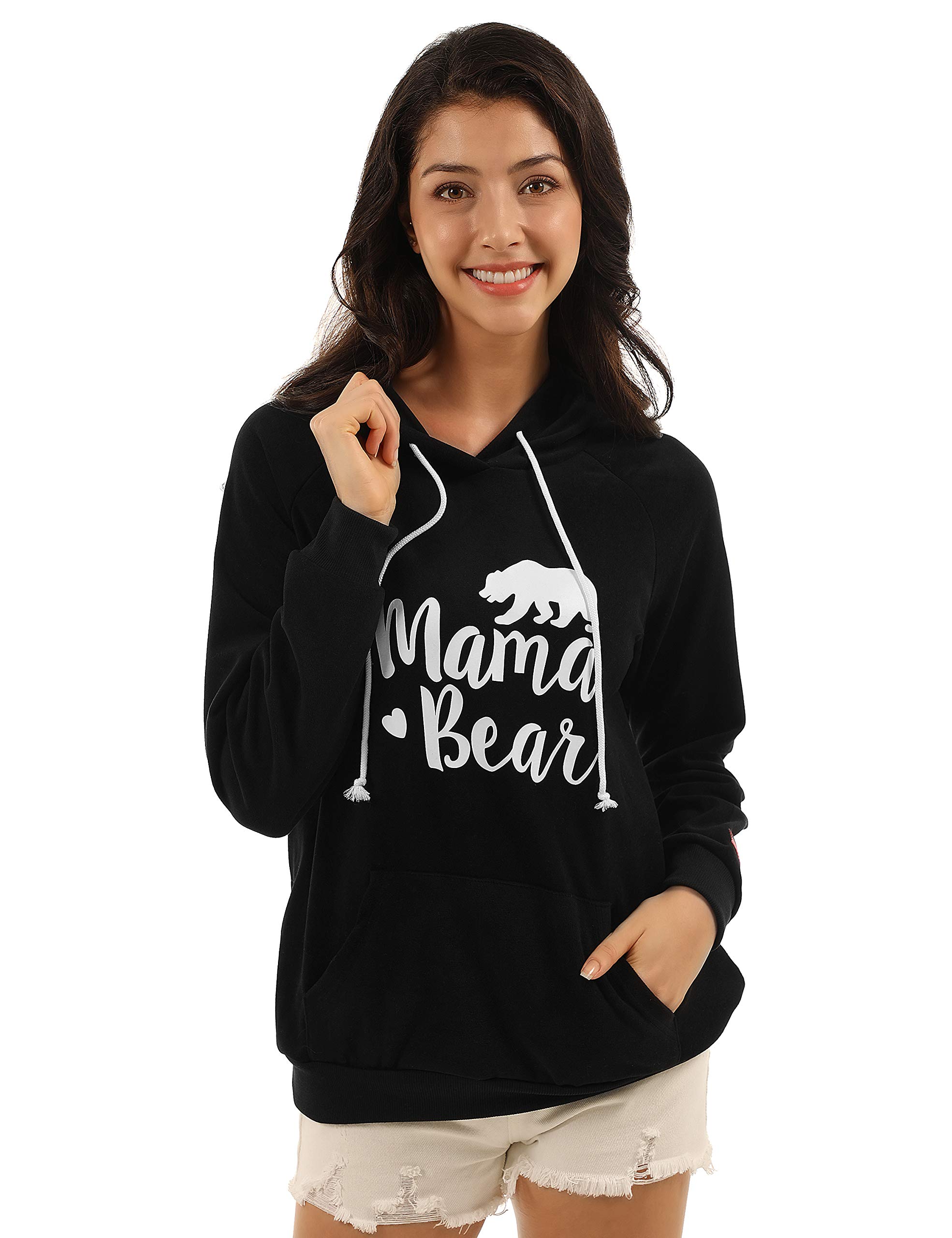 Blooming Jelly Womens Long Sleeve Mama Bear Shirt Pullover Hoodie Pocket Graphic Hooded Sweatshirt (x-Large, Black)