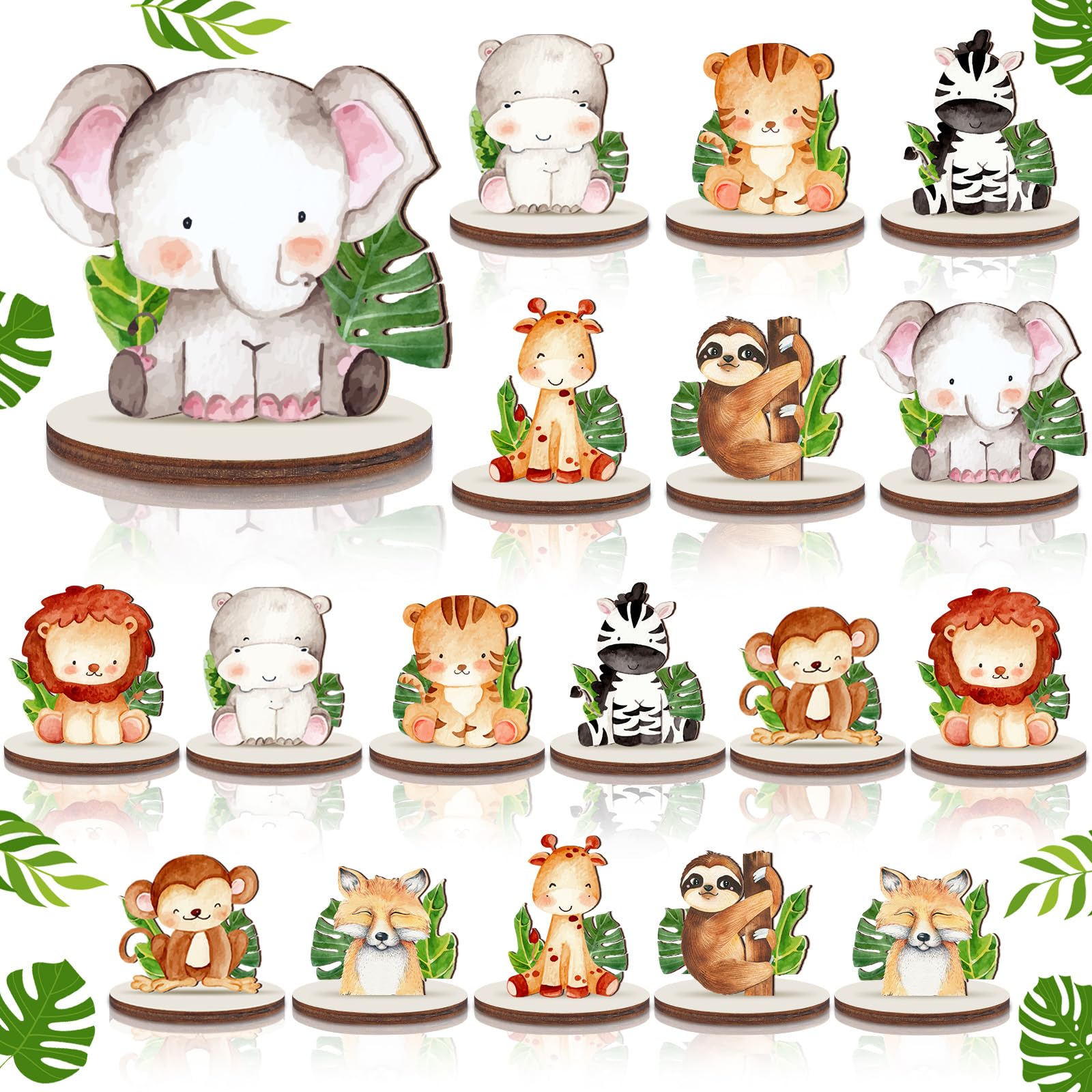 Photo 1 of Kigley 18 Pcs Jungle Animals Safari Baby Shower Decorations Wooden Jungle Party Decorations Safari Centerpieces for Tables Forest Animals Shapes Table Topper for Kids Camping Birthday Party Supplies