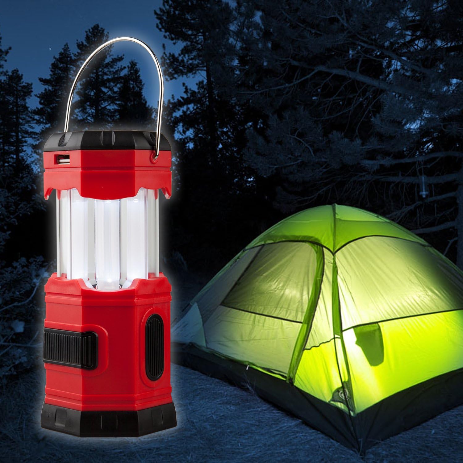 TANSOREN 2 PACK Portable LED Camping Lantern Solar USB Rechargeable or 3 AA Power Supply, Built-in Power Bank Compati Android Charge, Waterproof Collapsible Emergency LED Light with"S" Hook: Home Improvement