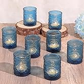 Lanttu Blue Votive Candle Holder Set of 12, Glass Tea Lights Candle Holders for Wedding Table Centerpieces, Birthday Parties, Home Decor and Holiday Decor