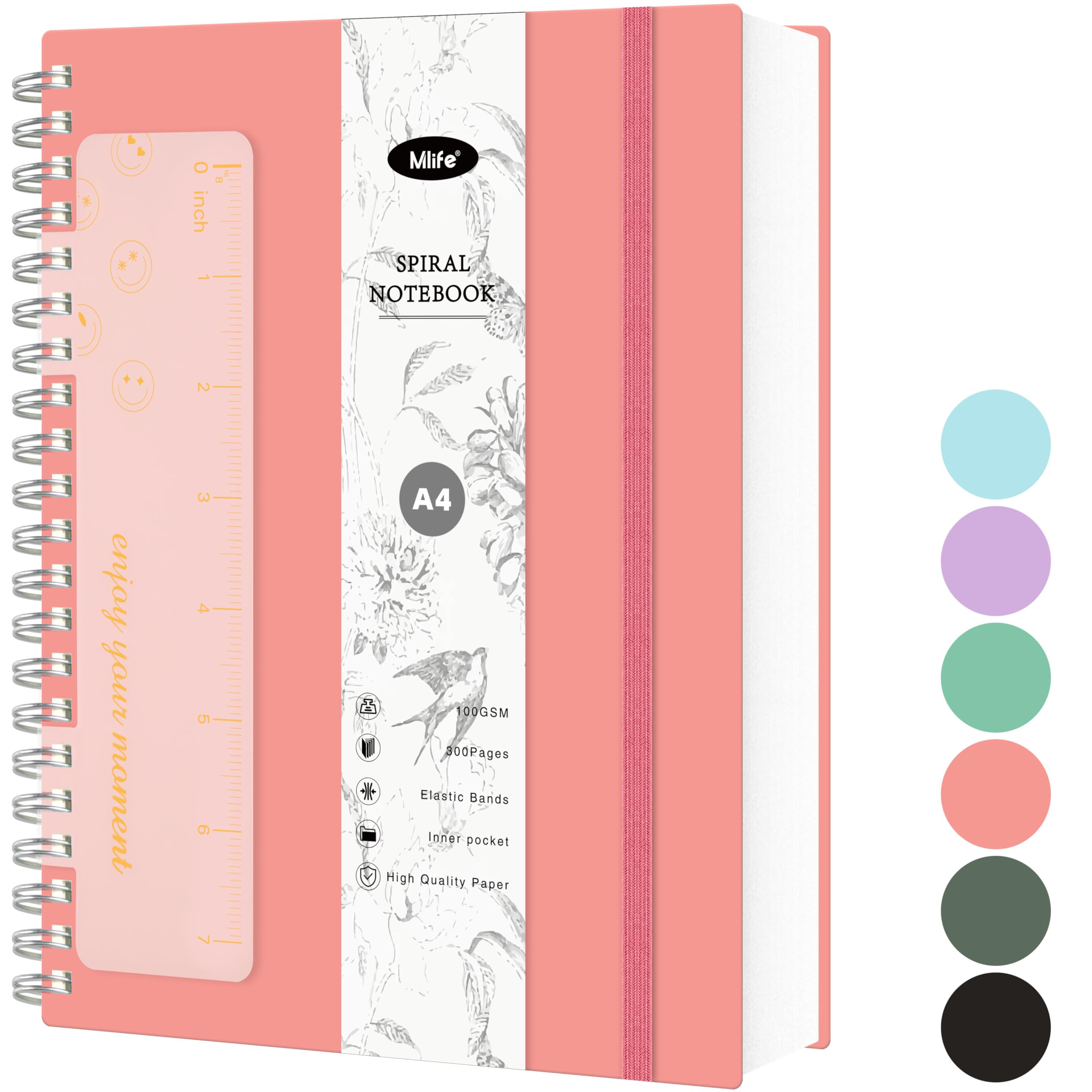 Mlife Notebook A4 Dotted,Bullet Dot Journal,300pages Spiral Notebook,100g/M² Ink-Resistant Paper,PVC hardcover，with Ruler,Expandable Pockets,Elasticated Ribbon,21x 28cm(Pink)