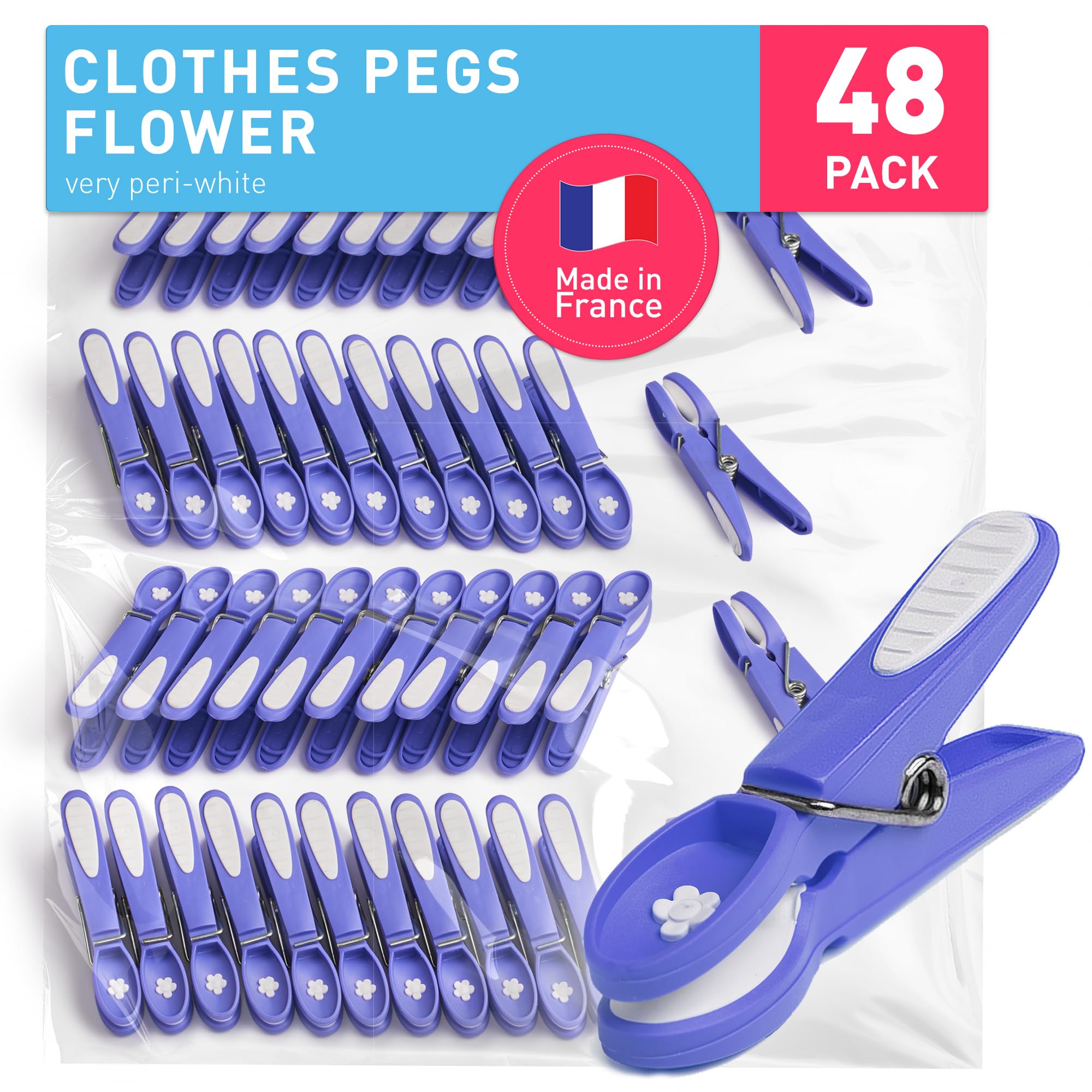 culiclean Clothes Pegs for Washing Line – Strong Soft Grip Washing Pegs Flower – Durable Plastic Laundry Pegs for Indoor, Outdoor Use – Heavy Duty Clothes Clips – 48 Pack – very peri-white — image 1