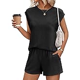 Ekouaer 2 Piece Set for Women Summer Casual Lounge Shorts Sets Cap Sleeve Sweatsuit Beach Vacation Outfits with Pocket