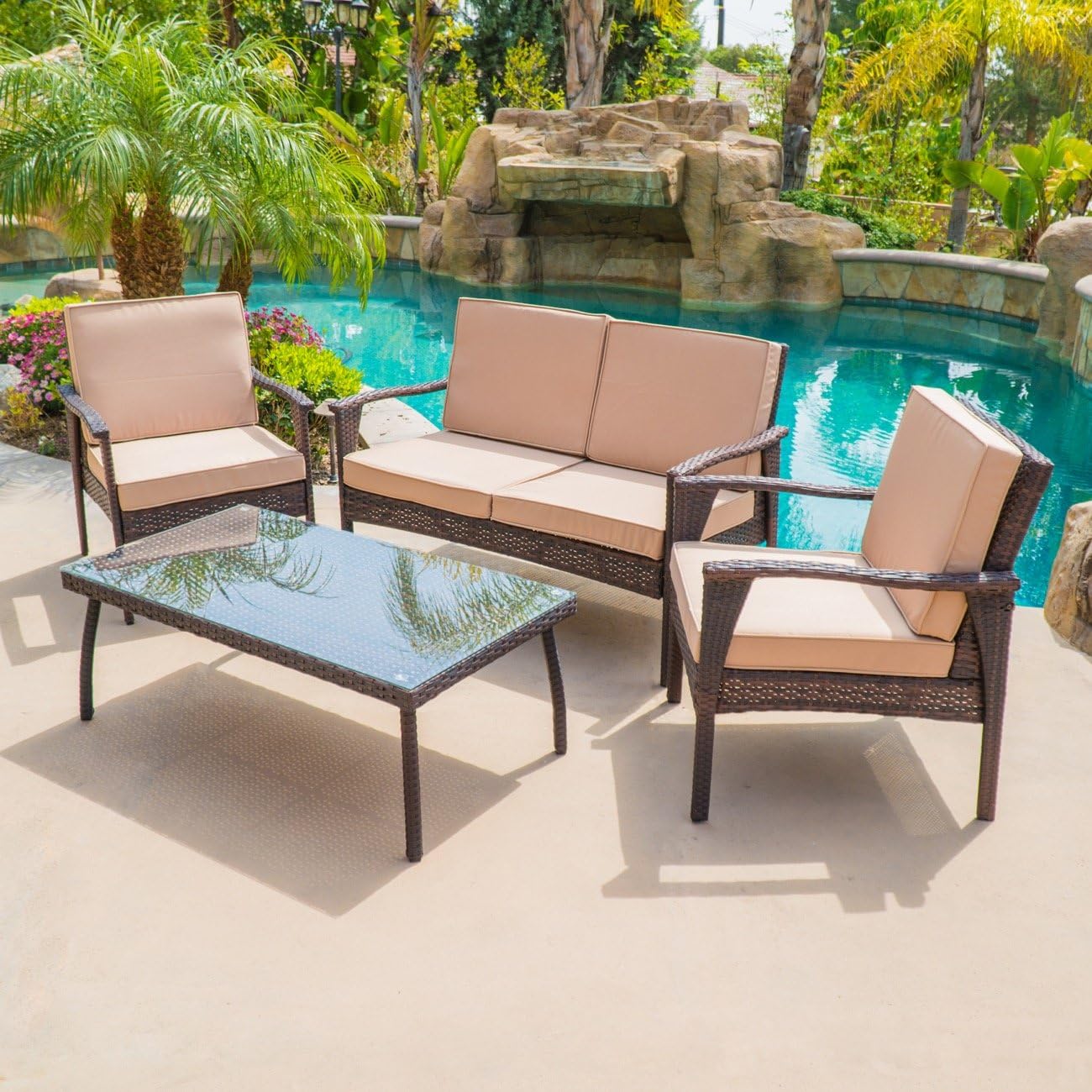 Amazon Com Belleze 4pc Outdoor Patio Set Furniture Uv Resistant Lounge Cushions Wicker Love Seat Glass Coffee Table Chair Brown Garden Outdoor