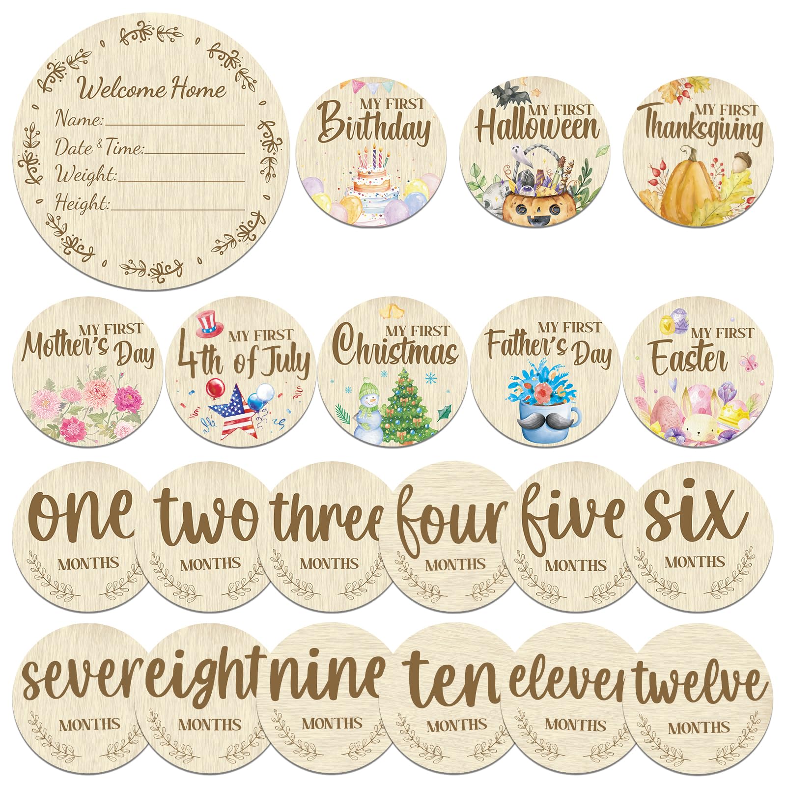 Photo 1 of Threetols 11PCS Wooden Baby Monthly Milestone Cards Sign, Double Sided Newborn Photography Prop Pregnancy Journey Baby Growth Monthly Milestone Wood Discs Baby Shower Gifts