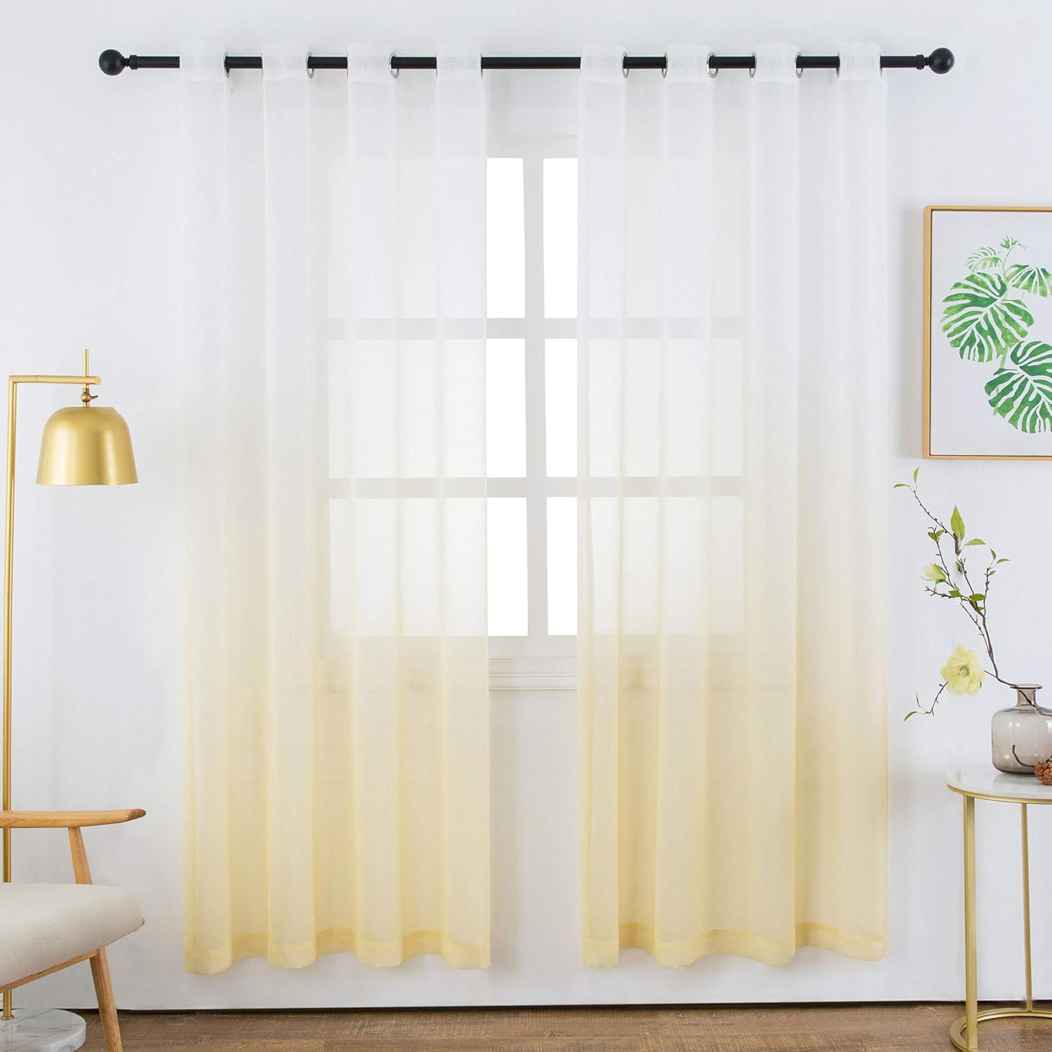 Bermino Faux Linen Sheer Curtains Voile Grommet Ombre Semi Sheer Curtains for Bedroom Living Room Set of 2 Curtain Panels 54 x 95 inch Light Yellow Gradient