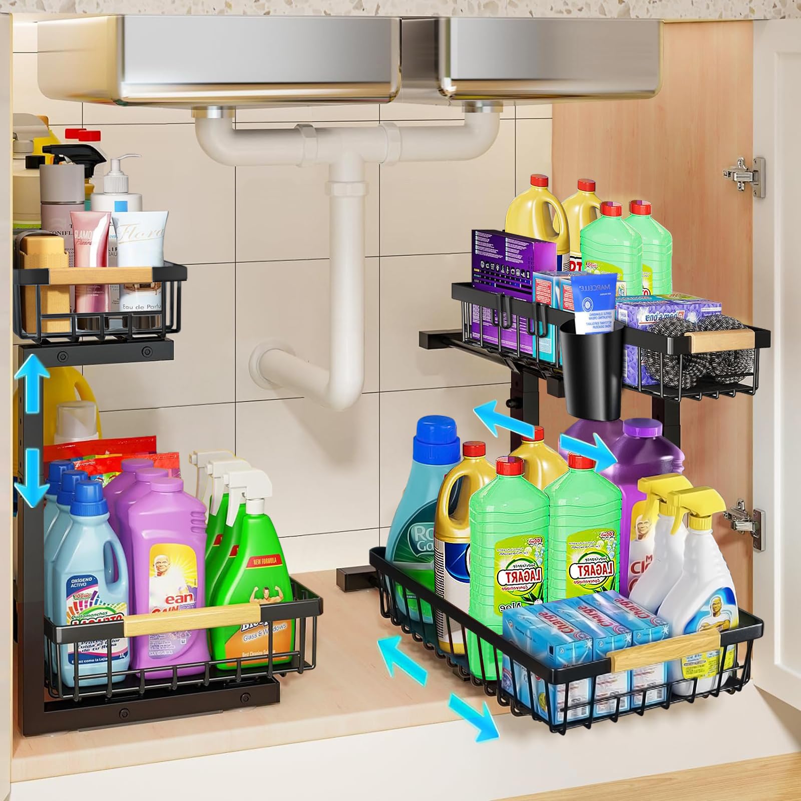 Photo 1 of 2 Packs 2 Tier Under Sink Organizers and Storage with 4 Hanging Cups and 12 Hooks – Upgraded 3.0 Version, Sliding Pull Out Cabinet Storage Shelf, Metal Drawer for Kitchen, Bathroom, Pantry, Black