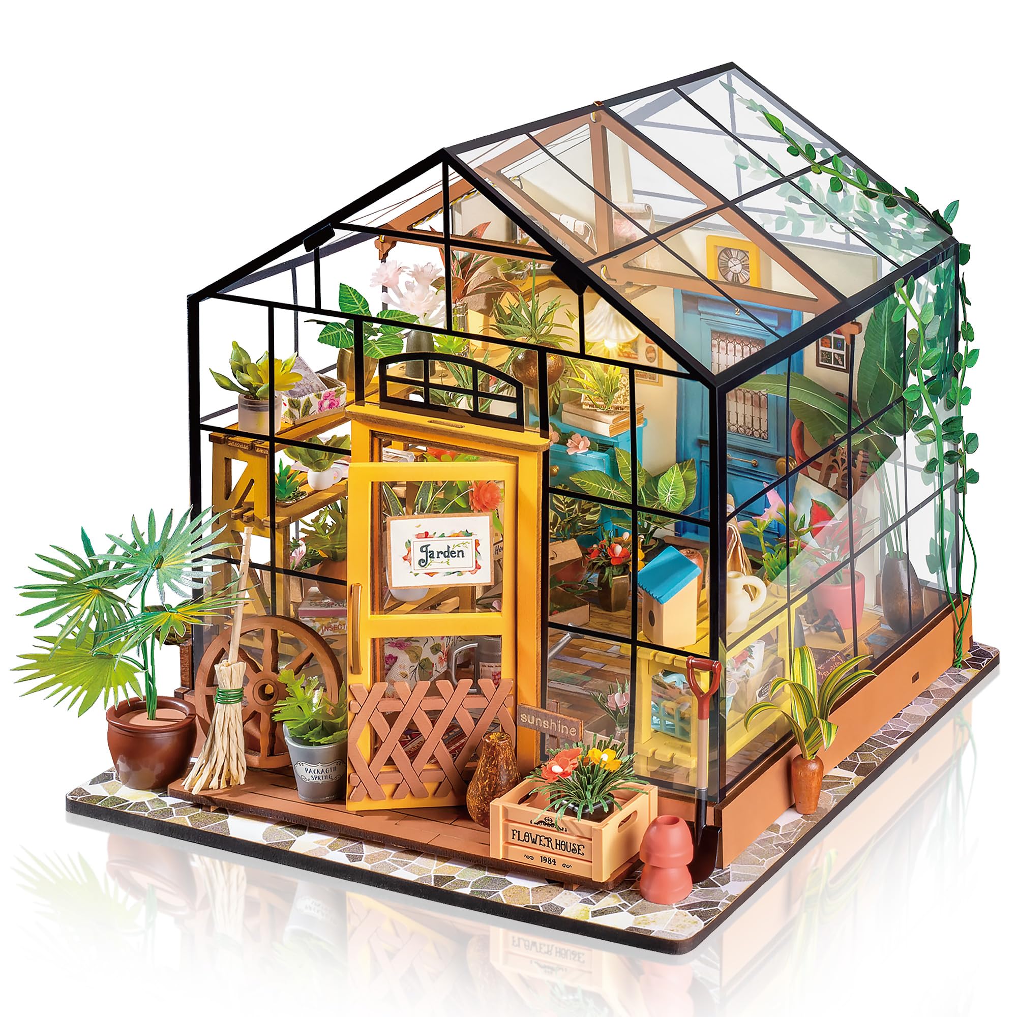 ROBOTIME DIY Doll House kit Cathys Flower House, Miniature Greenhouse Craft Kit for Adults, Mini Diorama Room with Furniture, Educational Toys