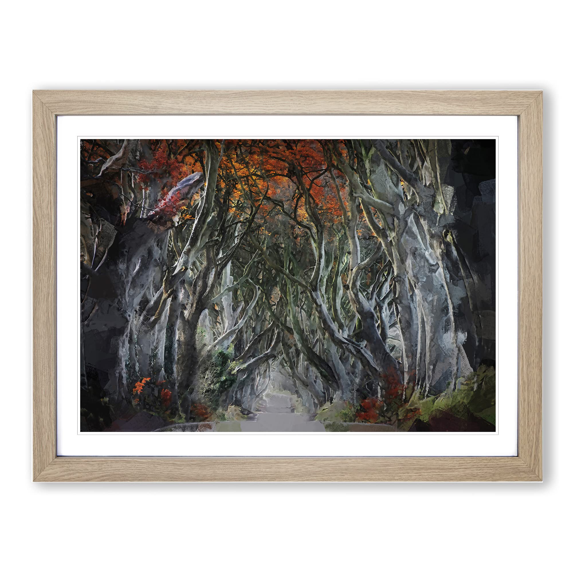 Dark Hedges Tree Road Ireland In Abstract Modern Art Framed Print | A3 Oak Framed Wall Art | Ready to Hang | Abstract Floral Picture | Living Room Bedroom Lounge Office