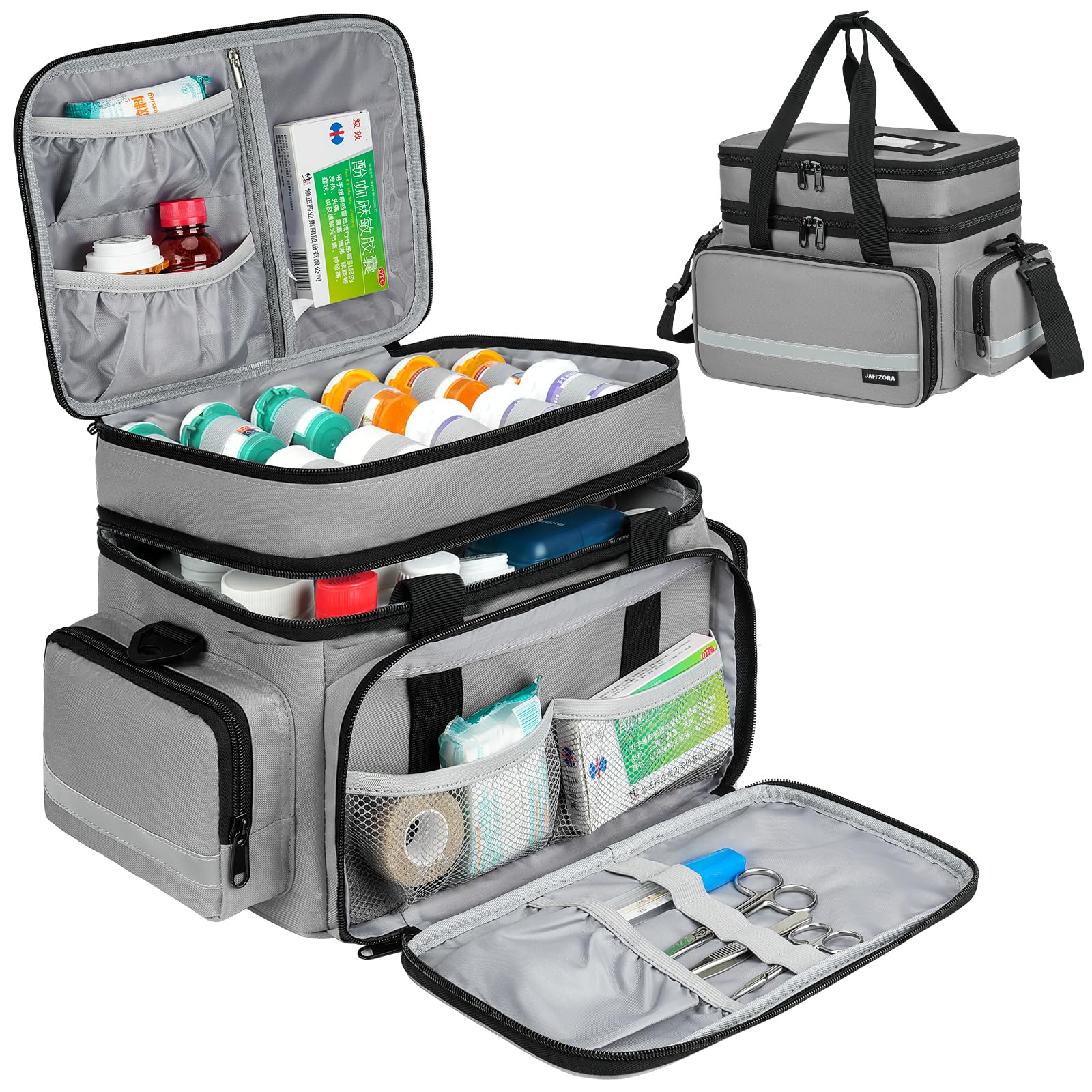Photo 1 of Large Pill Bottle Organizer, Double Layers Medicine Storage Bag with Lockable Zippers and Shoulder Strap,Medication Travel Bag for Prescription Bottles, Vitamins & Medical Supplies, Gray (Bag Only)